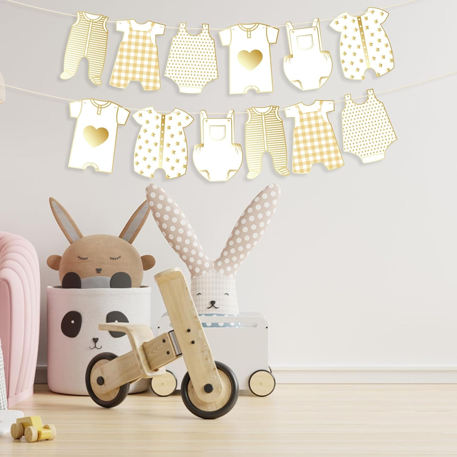 2Pcs Neutral Gold Baby Shower Paper Garland, Pre-Assembled Baby Boy Banner Baby Girl Sign Gender Reveal Decorations Various Baby Clothes Banner for Welcome Newborn Party Supplies Photo Props image number 3