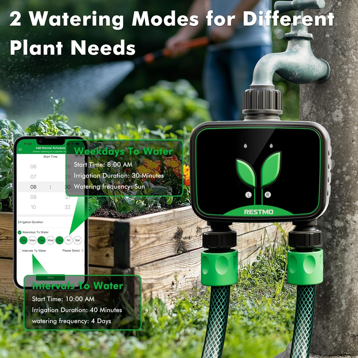 【2 Outlets】 RESTMO Smart Water Timer, Remote and Voice Control via App, RF to Wifi Tap Timer, Programmable Irrigation Controller with Auto/Manual/Rain Delay for Lawn, Garden, Drip System image number 6