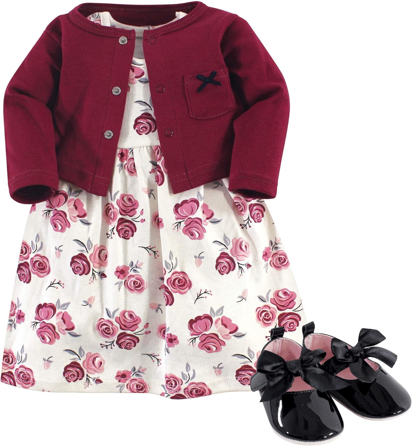 Hudson Baby Baby-Girls 3 Piece Dress, Cardigan, Shoe Set Long Sleeve Casual Dress - Pink