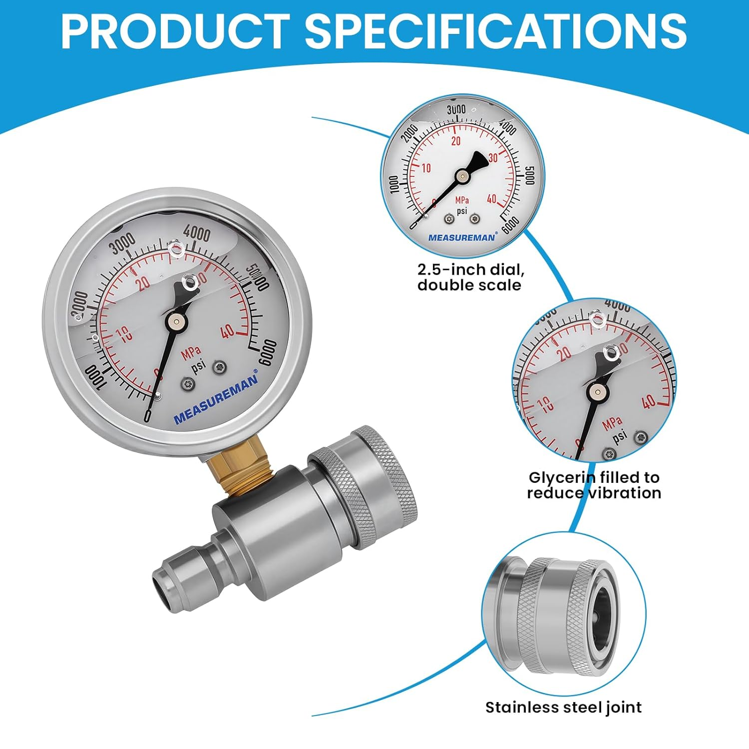 Measureman Pressure Washer Gauge Kit, 2-1/2 Inch, 6000 PSI, 3/8 Inch Stainless Steel Quick Connect, Liquid Filled Design image number 5