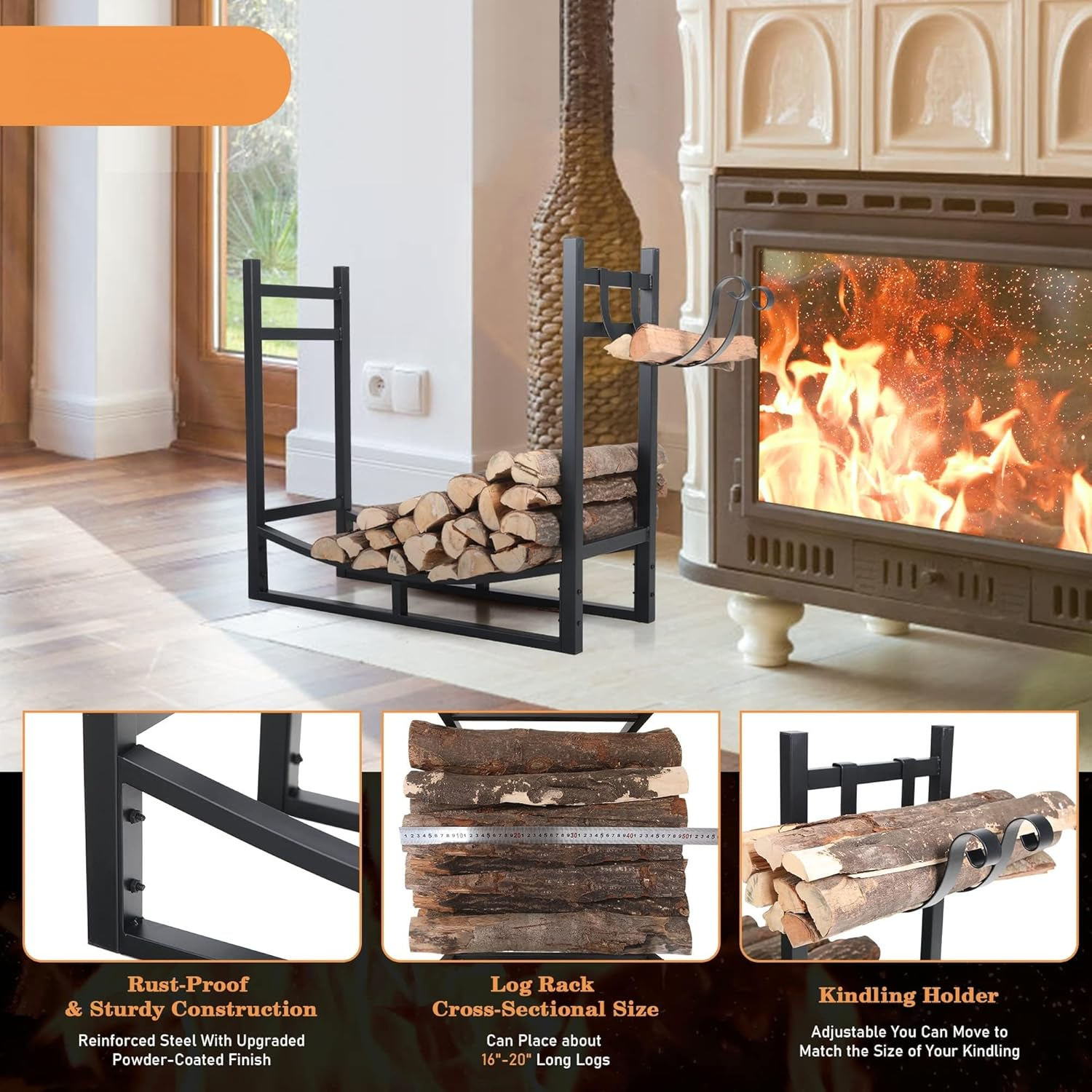 Heavy Duty Firewood Racks Indoor/Outdoor Log Rack with Kindling Holder, 30 Inches Tall, Black image number 2