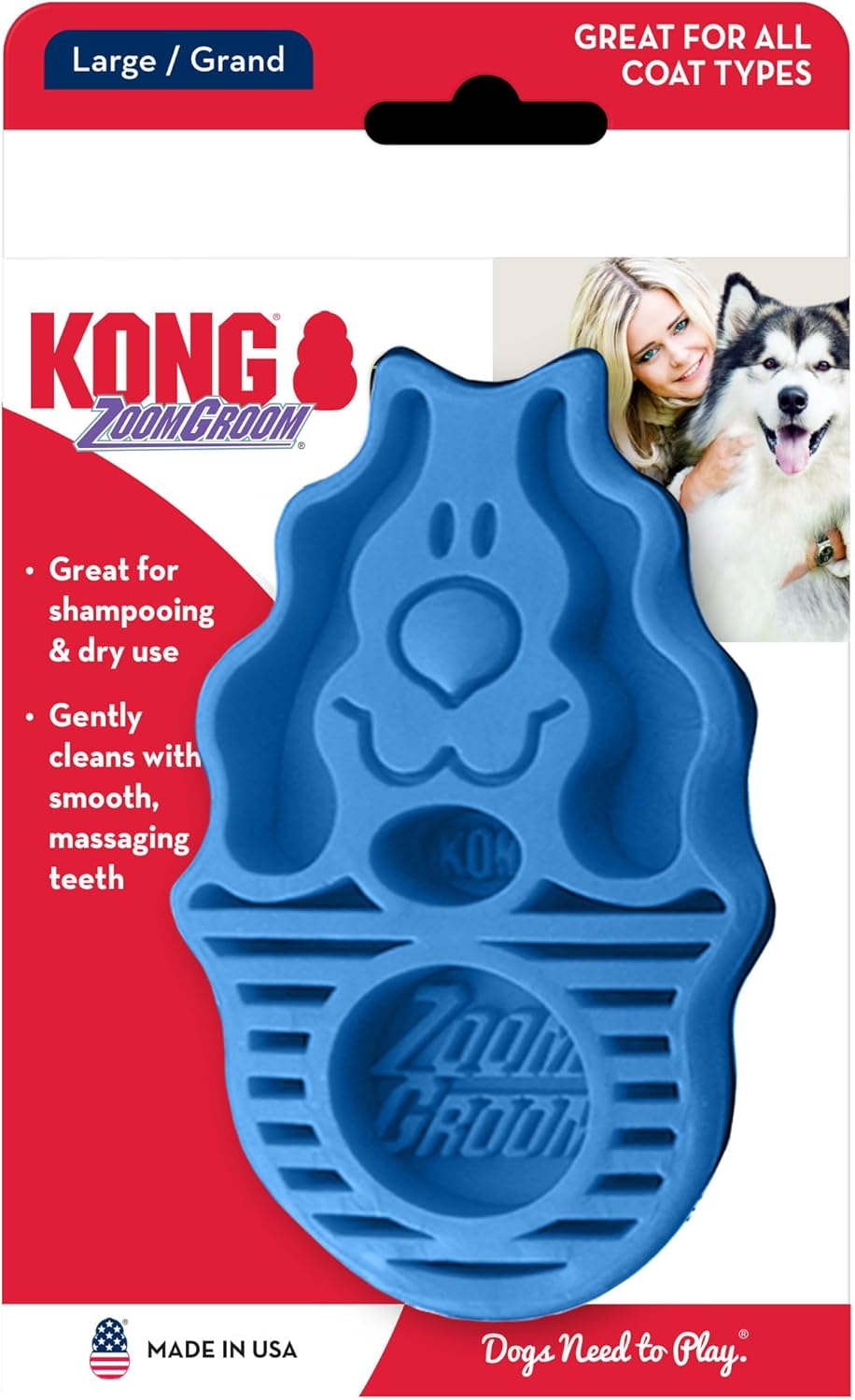 KONG - Zoom Groom Dog Brush, Groom and Massage While Removing Loose Hair and Dead Skin - Blue image number 1