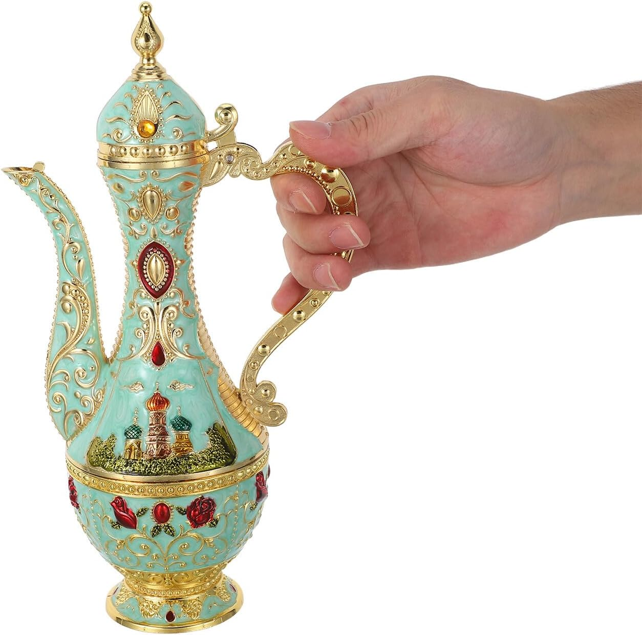 KICHOUSE Vintage Turkish Coffee Pot Set Embossed Castle Pattern, Metal Tea Cups and Wine Goblets, Coffee Decanter and Serving Tray for Home Gatherings and Party Use image number 2