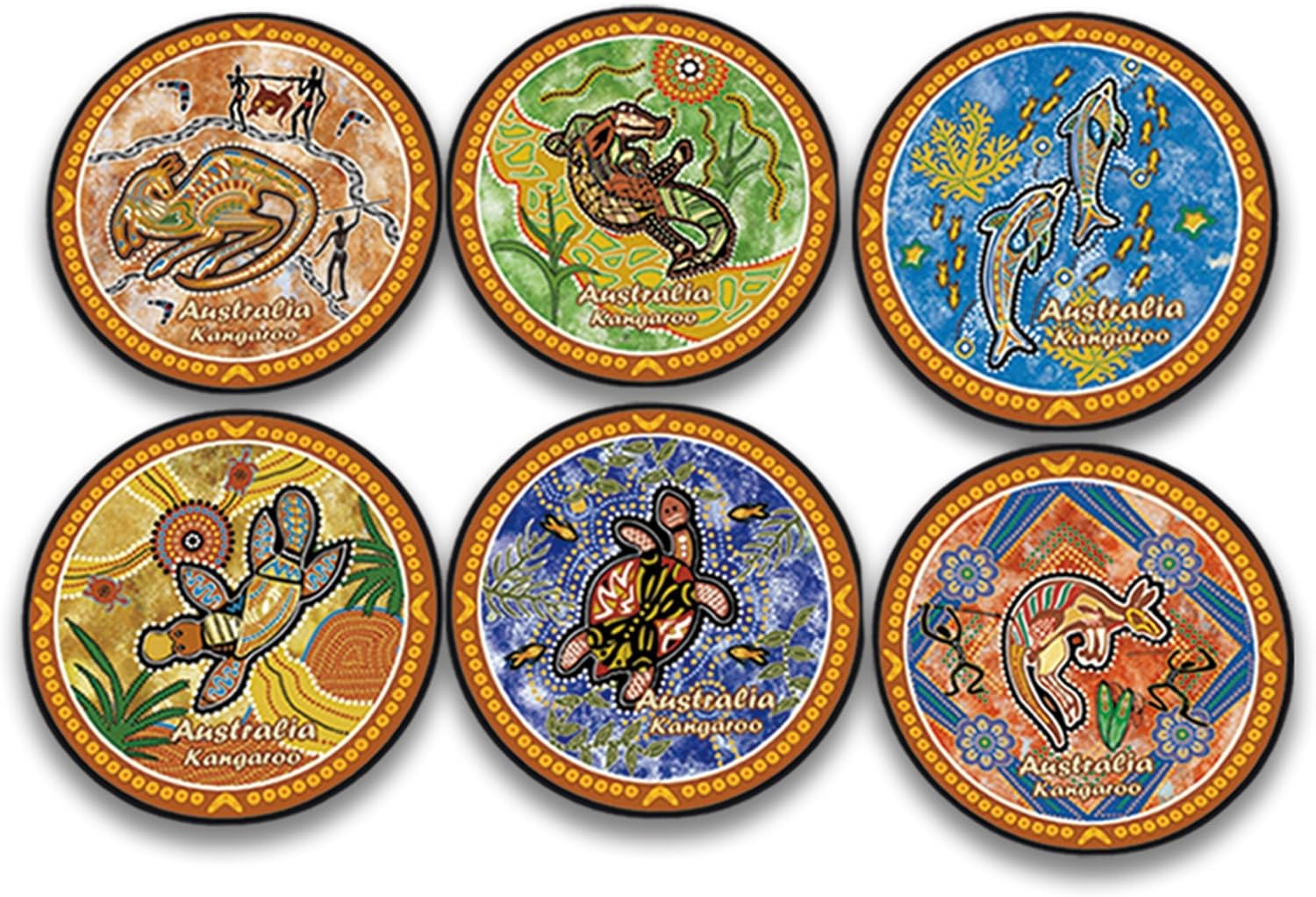 ILA Corkwood round Aboriginal Art Animals Coaster (Pack of 6)