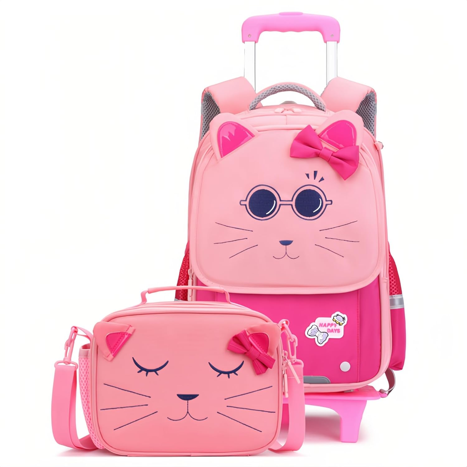 GRUOTEIS Cat Face Rolling Backpack for Girls Cute School Bag Backpack with Wheels