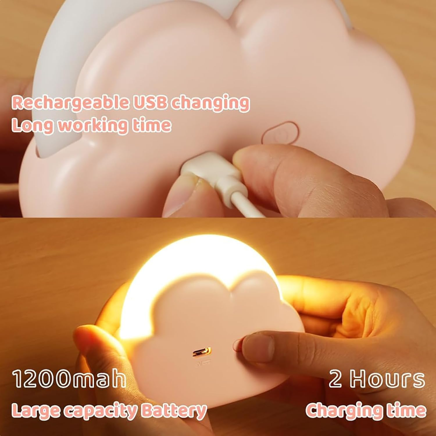 LED Cloud Night Light, Mini Bedside Lamp, Children Bedroom Night Lights, Portable Night Light, 4 Working Modes, with USB Cable, with Wrist Strap(Pink) image number 2