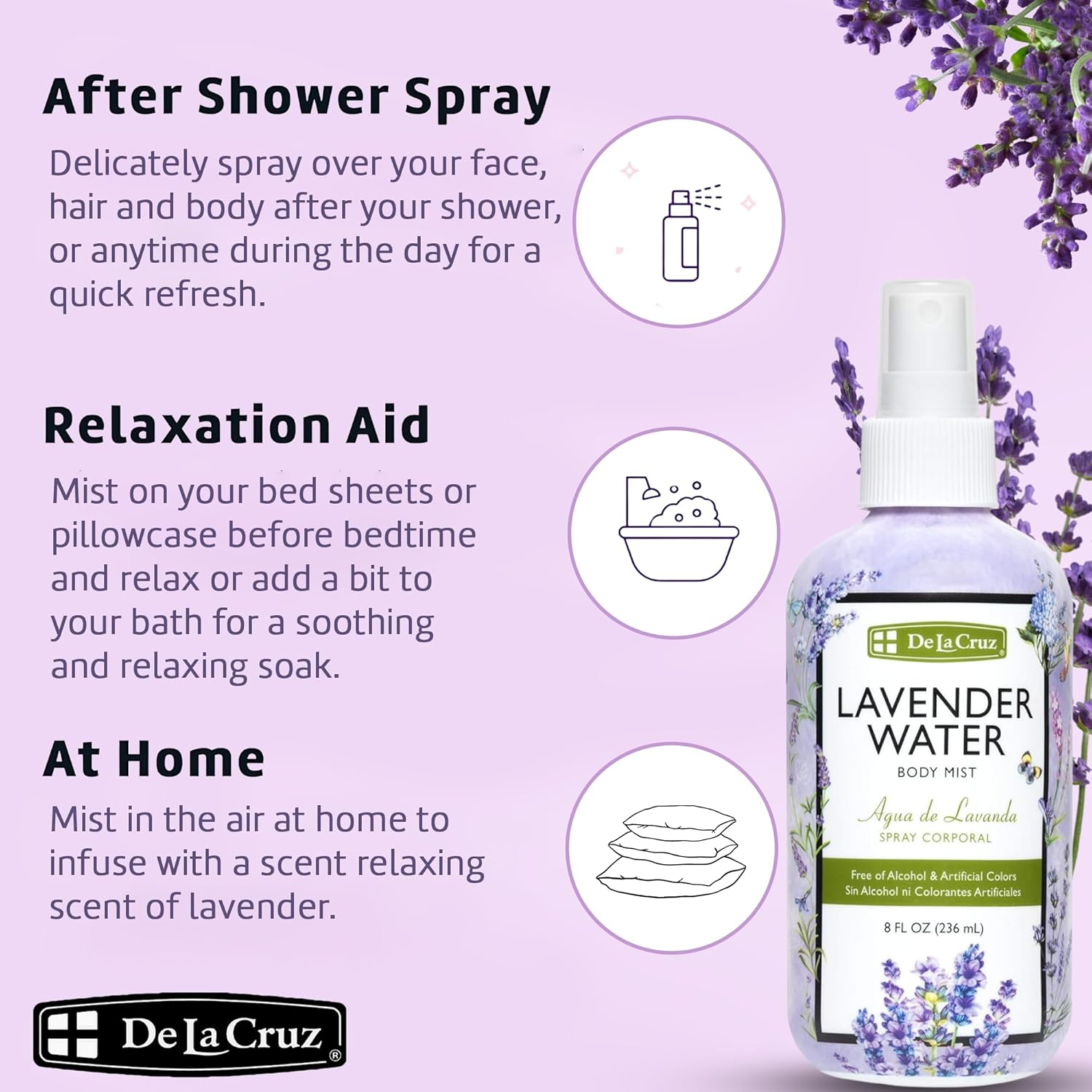De La Cruz Lavender Water Body Mist - Lavender Spray Body Mist with Pure Lavender Essential Oil 8 Fl Oz (236 Ml) image number 3