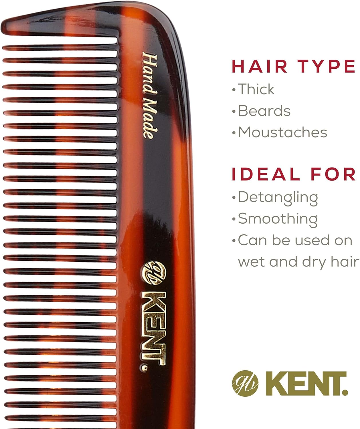Kent 12T Wide Tooth Detangling Comb - 5.5" Handmade Pocket Comb for Thick, Curly, and Wavy Hair, Large Tooth Grooming for Hair, Beard, and Mustache - Saw-Cut and Hand Polished image number 2