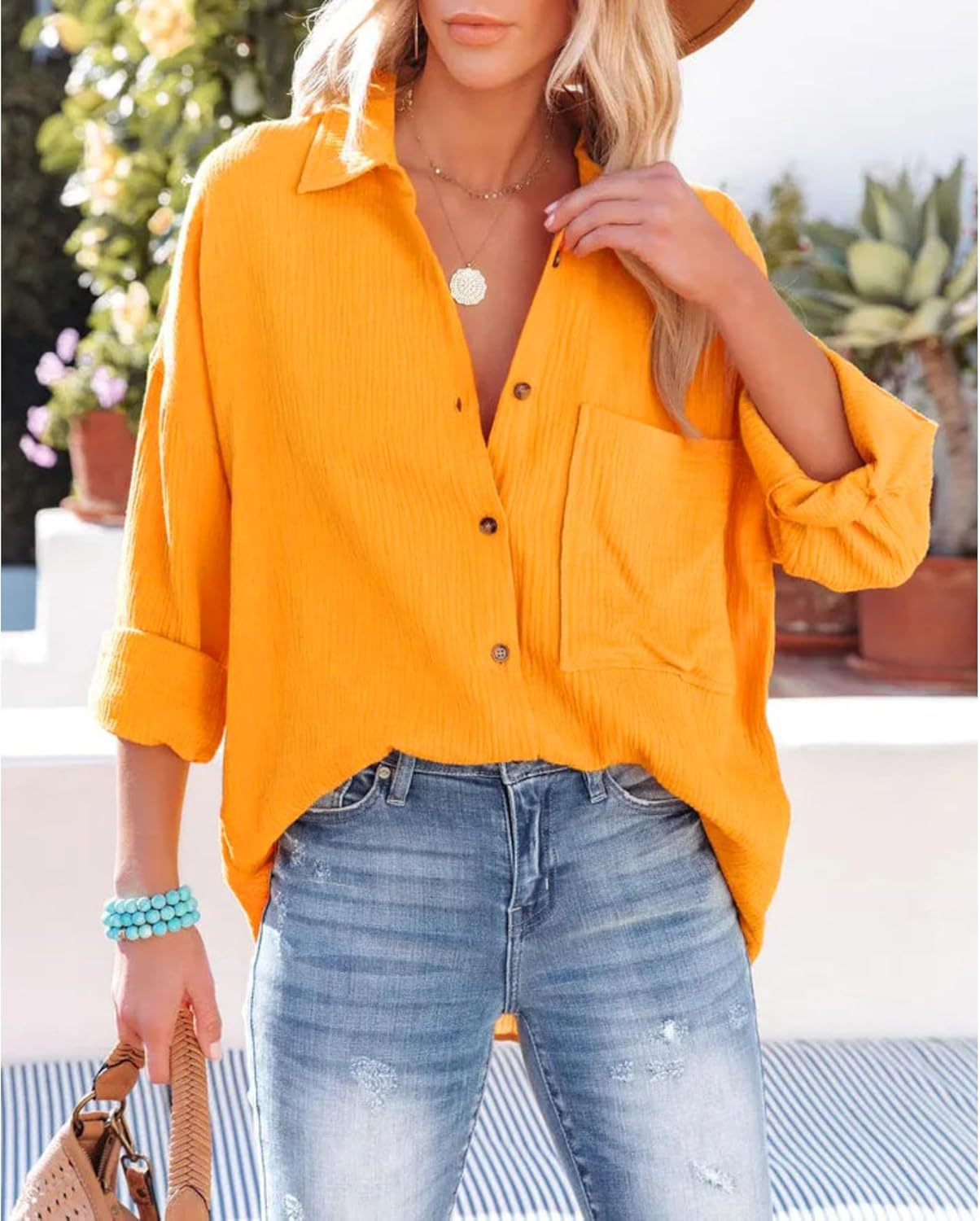 Women'S Beach Wear Long Sleeve Shirt Casual Collared Shirt Loose Blouses Button down Shirts with Front Pocket