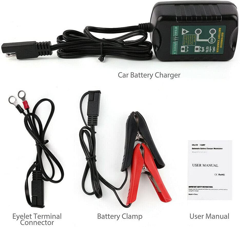 6V 12V 1.5A Car Motorcycle Battery Charger, 7-60Ah, 2-Pin, IP64, Desulfation, Bulk, Absorbtion, Float, Winter Mode, Reverse Polarity Protection image number 4
