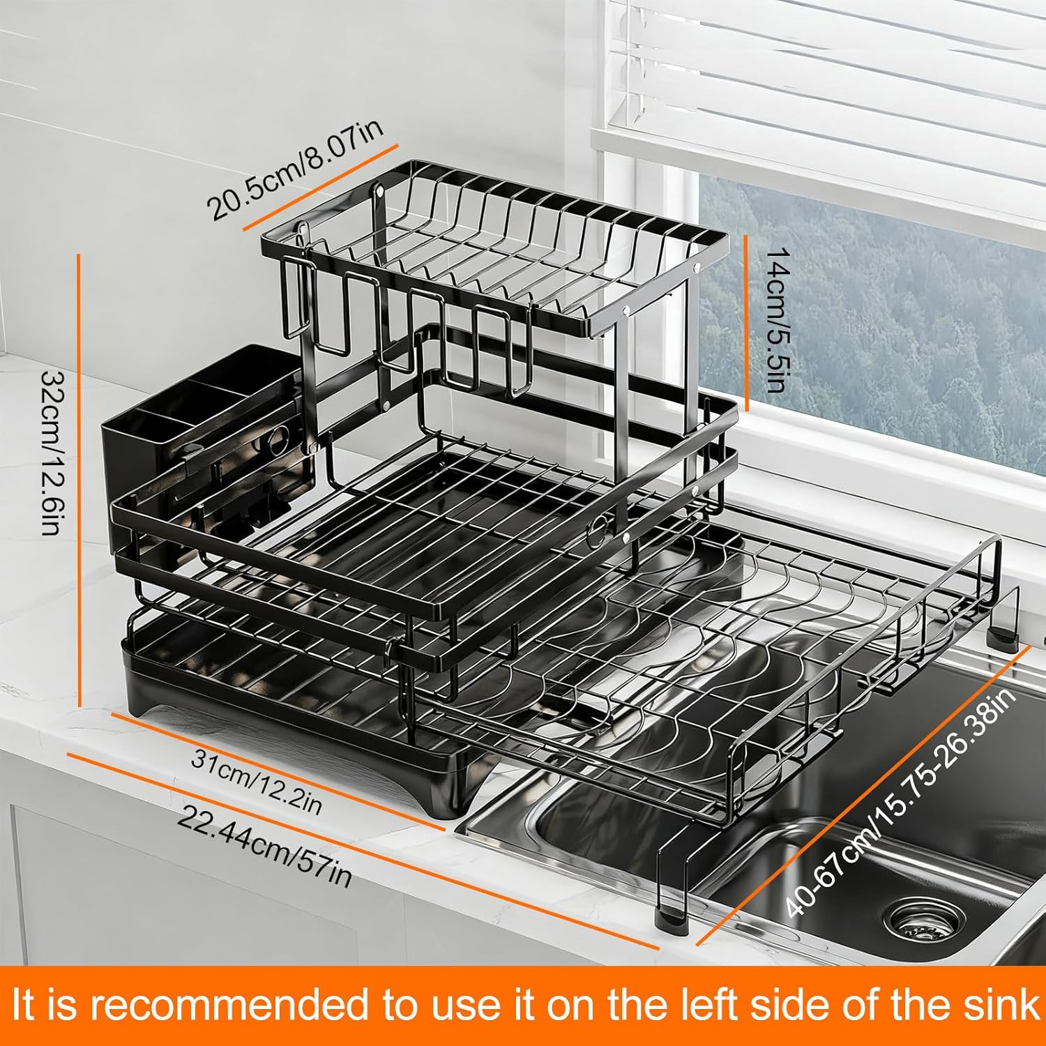 Expandable 2-In-1 Dish Drying Rack, 2-Tier Dish Rack with 360&deg; Rotating Drainer Board, Carbon Steel Dish Drainerwith Cutlery Utensil Rack & Holders for Kitchen Storage & Organisation image number 2