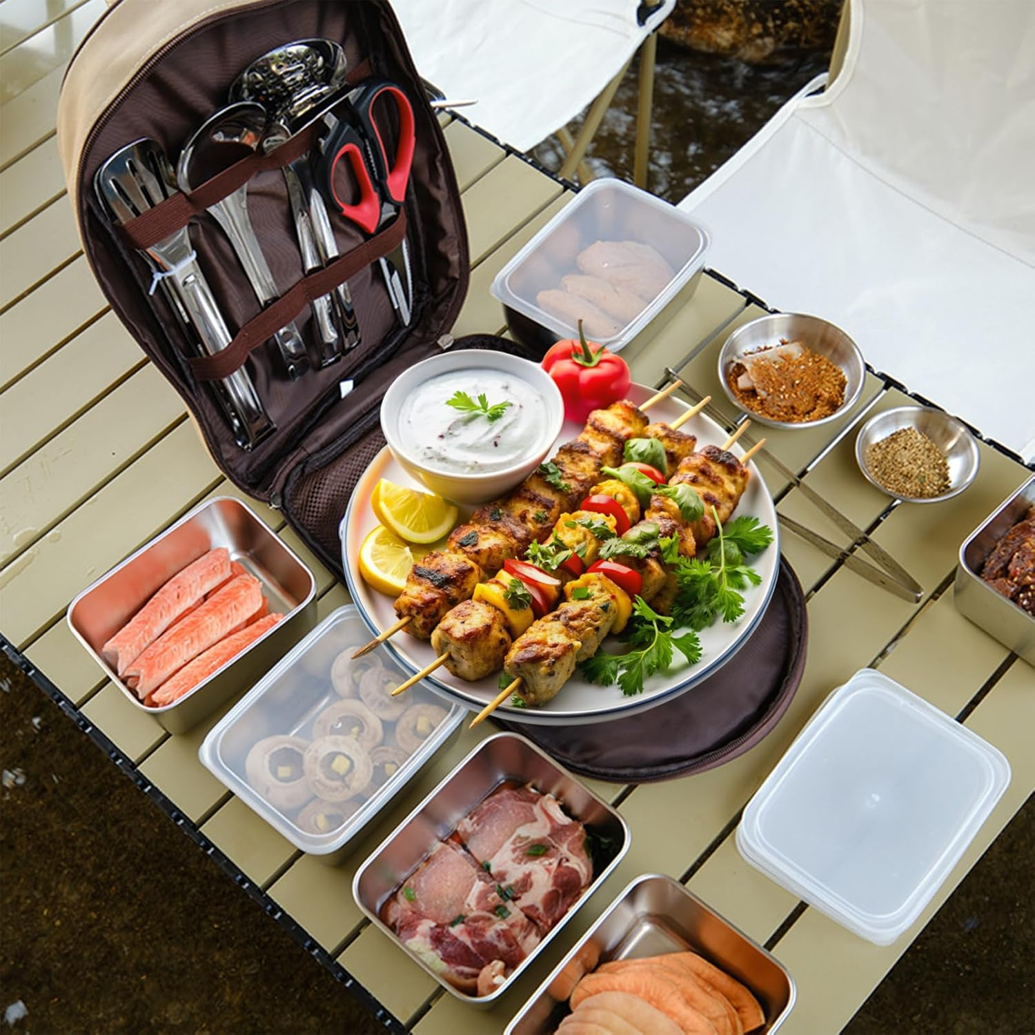 8Piece Camping Cookware Travel Set with Storage Box ，Camping Kitchen Utensils Kit with Spoon, Scissors, Knife, Ladle, Cutting Board, Slotted Turner, Peeler, BBQ Tongs image number 2