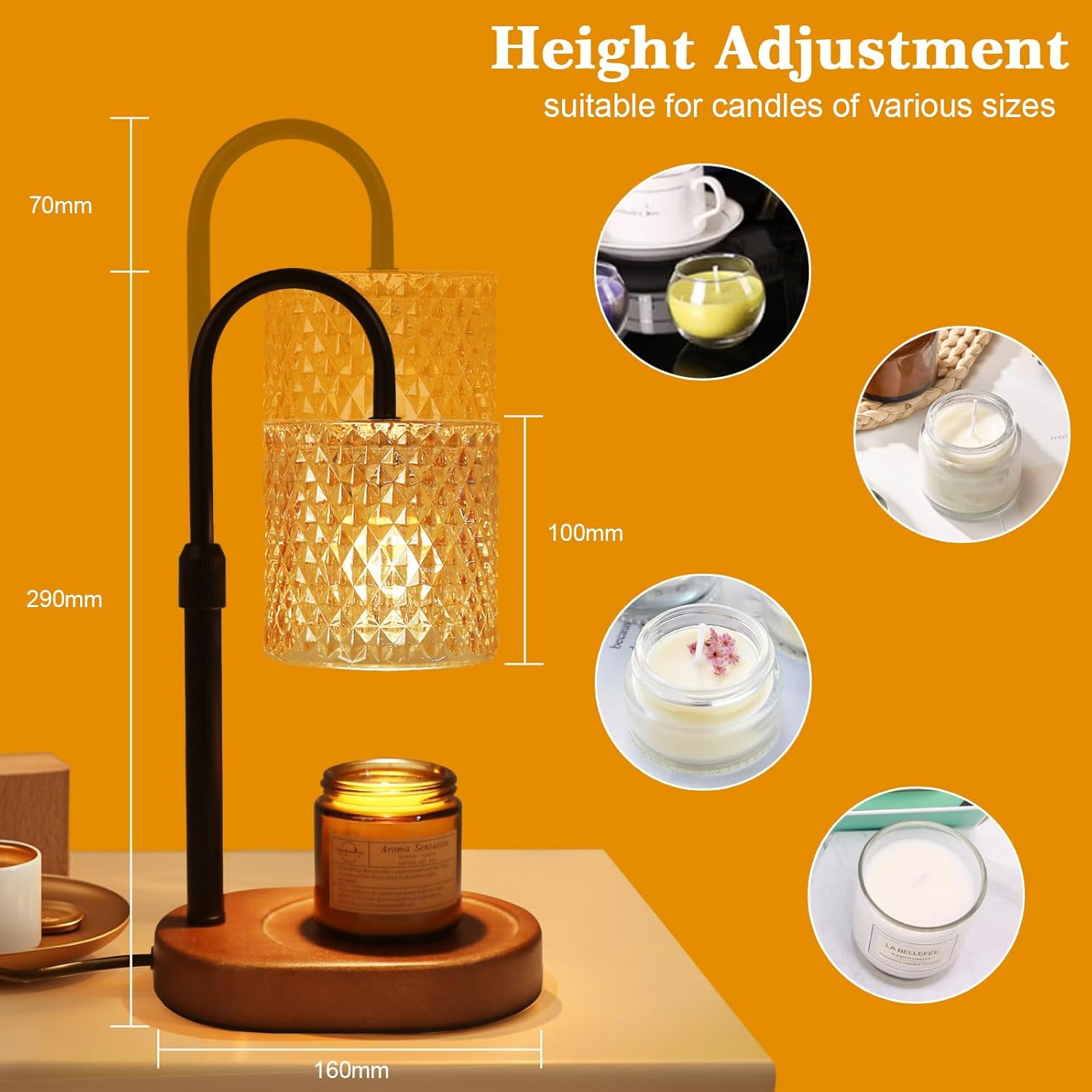 Candle Warmer Lamp with Timer Dimmer Adjustable Height Electric Wax Warmer Vintage Home Decor for Scented Jar Candles,Birthday Gifts for Women - Light Yellow image number 5
