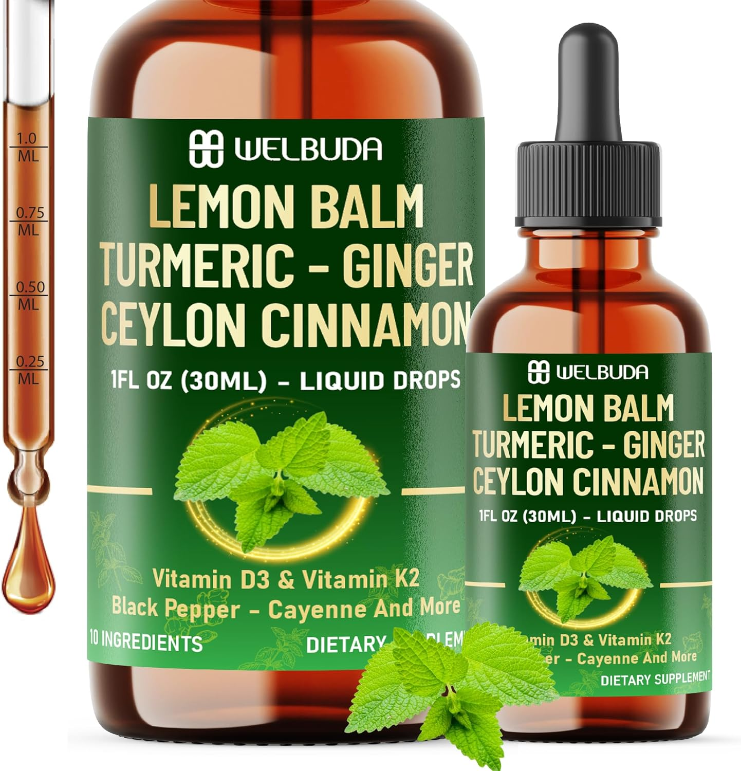 10In1 Lemon Balm Liquid Drops Blend Includes Lemon Balm, Ginger, Turmeric, Ceylon Cinnamon, Black Pepper, Cayenne Pepper, Berberine - Support Digestion, Mood - 1 FL Oz - 2 Month Supply image number 2