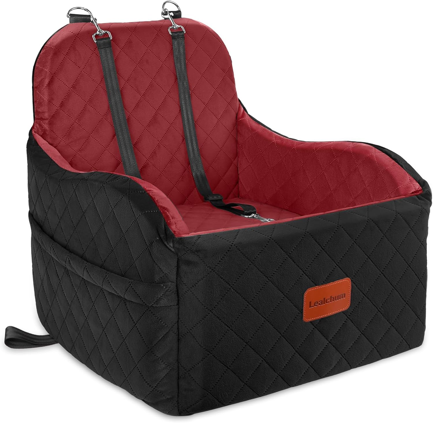 Lealchum Dog Booster Car Seat for Small/Medium Dogs,Puppy Portable Seat with Elevated Cushion,Fully Detachable and Washable,2 Storage Pockets & Dog Leashes,Easy to Install (Black/Red, Medium)