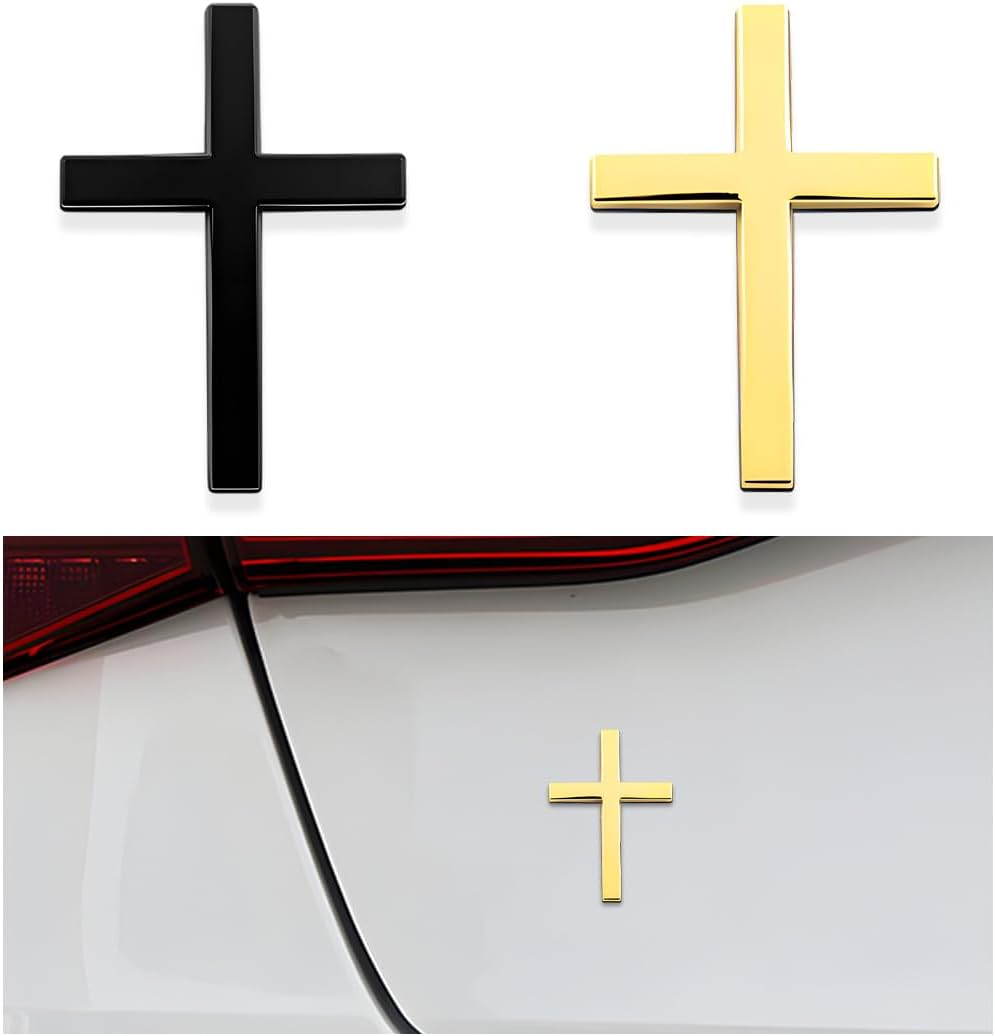 DXNQ 2PCS Metal Jesus Christ Cross Badge Stickers, 2.5"&times;1.8" Alloy 3D Individual Car Cross Sticker, Self Adhesive Scratch Covering Metal Cross Auto Emblem Decal for Car Body Fender Tail (Silver)