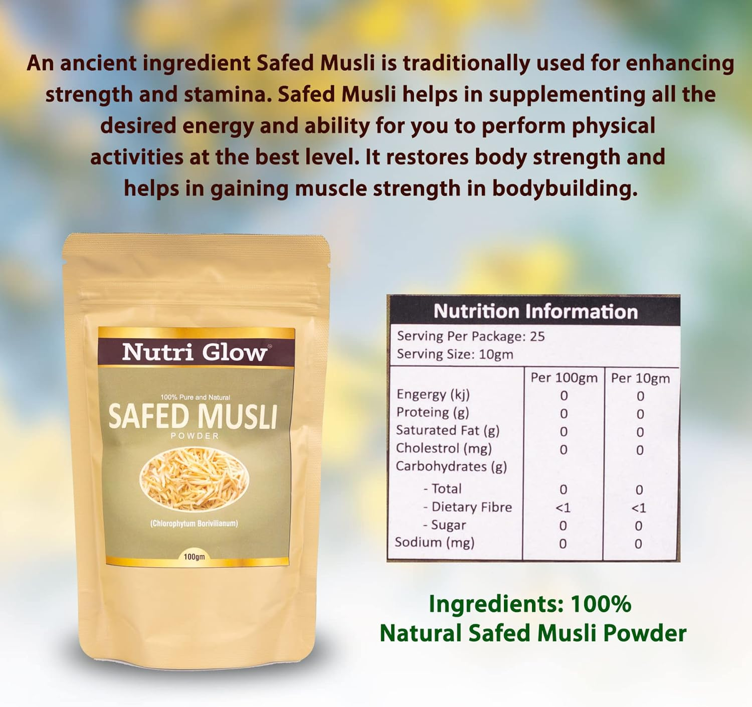 Nutri Glow | Safed Musli Powder | 3.53 Oz (100 G) | Chlorophytum Borivilianum | Herb for Vitality Improve Physical Strength | Muscle Builder Herbal Supplement | Vegan | Ayurveda | Non GMO | Potent Ayurvedic Herb | Resealable Air Tight Pouch