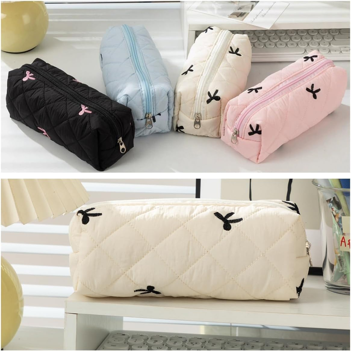 Cute Bow Design Cosmetic and Pencil Pouch - Zippered Travel Toiletry Bag for Women and Girls, Compact Makeup Organizer for Purse, School, or Daily Use. image number 3