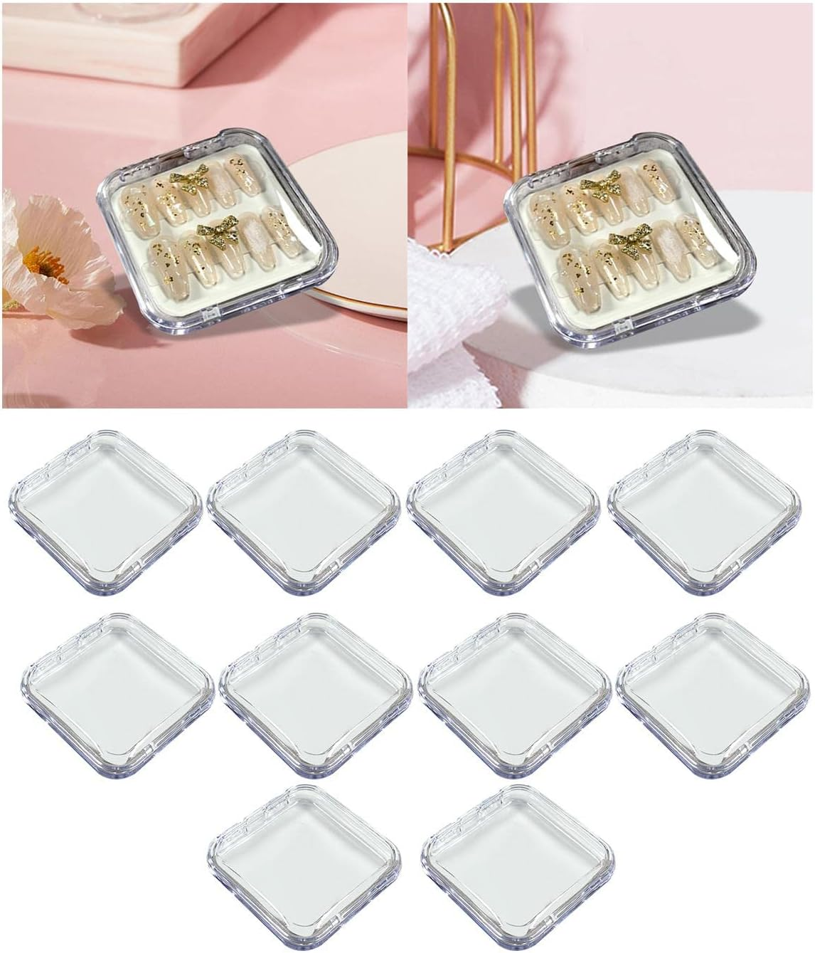 Koolsoo 10X Press on Nail Storage Box Artificial Nail Display Organizer Square Compact Empty Mini False Nail Packaging Box for Nail Salon Home Use, Clear image number 2