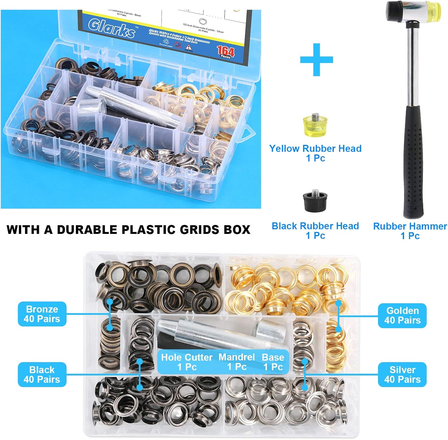 Glarks 164Pcs 1/2 Inch Grommets Eyelets with Tool Sets, 160Pcs 4 Colors Grommets Eyelets with 4Pcs Installation Tools for Fabric, Canvas, Curtain, Clothing, Leather Repair and Decoration - Gun-Black Grommets Eyelets With Tools image number 3