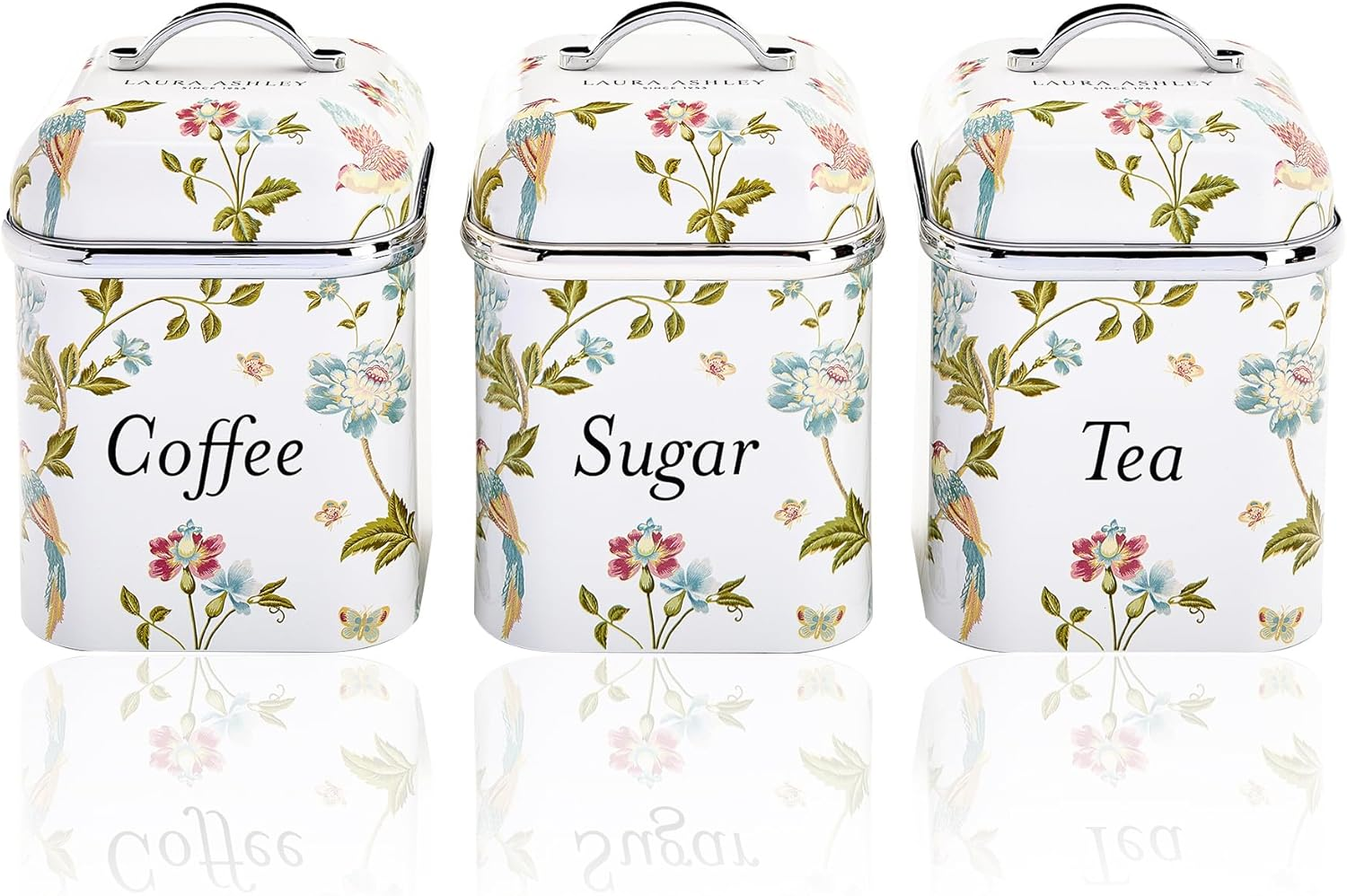 Laura Ashley Tea Coffee Sugar Canisters Set of 3 by VQ - Easy to Clean Stainless Steel Containers with Lid - Stylish Printed Kitchen Storage & Organisation Containers - Elveden Navy