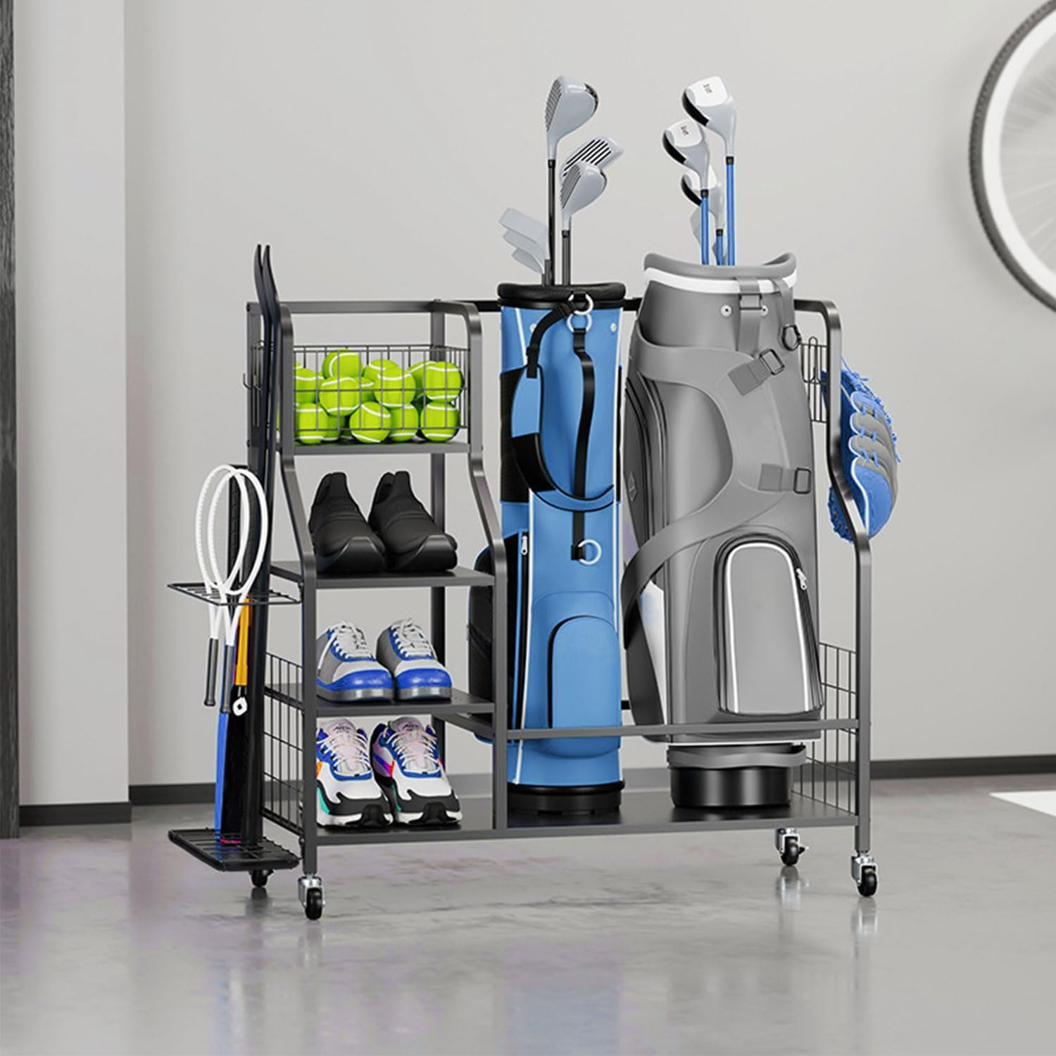 Golf Storage Organizer Golf Bag Storage Stand Golf Bag Organizer Garage Sport Equipment Storage Rack with Wheels Golf Equipment Rack with 4 Removable Hooks Large Capacity for Golf Storage Accessories image number 6