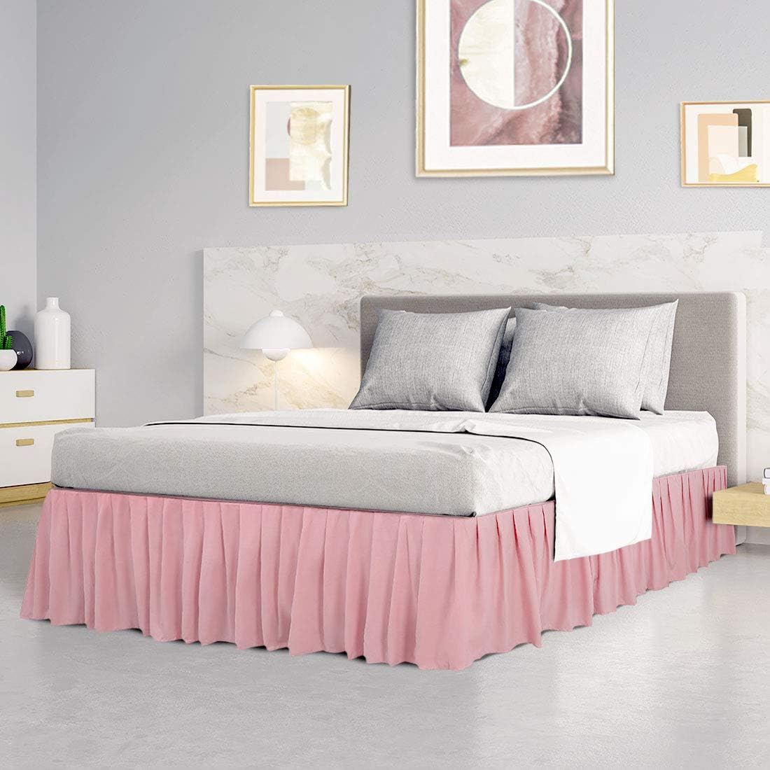 Piccocasa Ruffled Bed Skirt Polyester Brushed Hotel Quality Durable Solid Wrinkle and Fade Bedroom 16 Inch Drop Pink Queen
