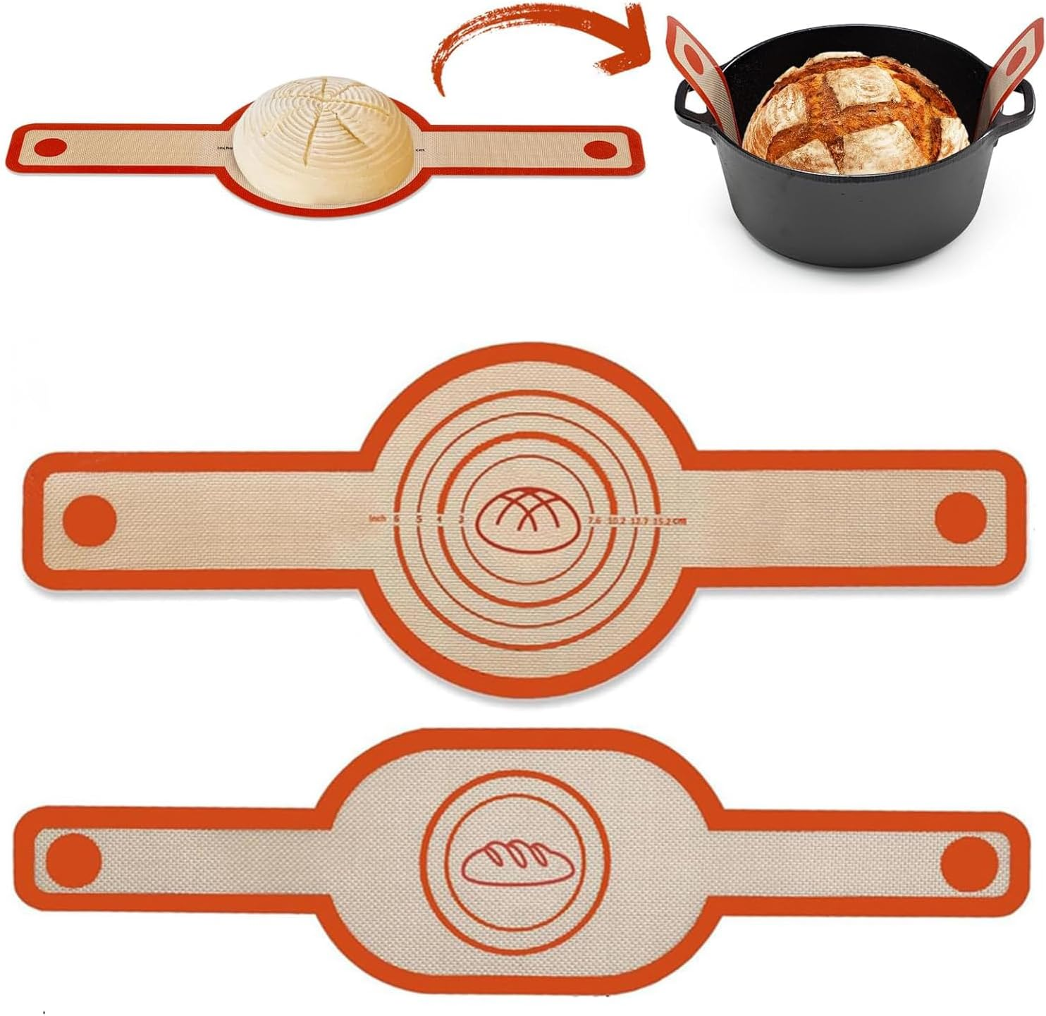 BEANPRECOY 2 Pack Silicone Fibreglass Baking Mats for Dutch Oven, Non-Stick, Long Handles, Orange, Rectangular with Rounded Corners