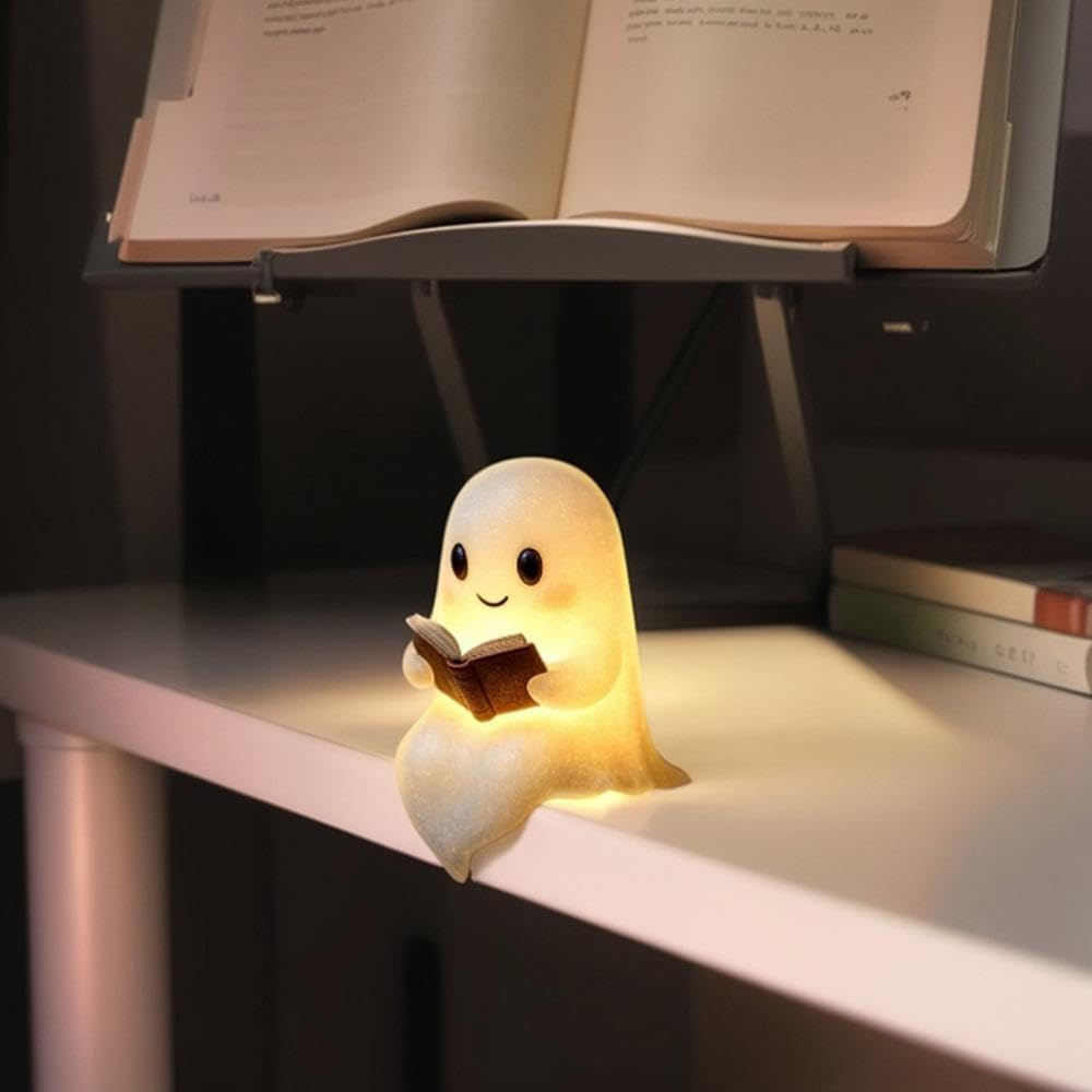 Cute Ghost Reading Book Lamp, Halloween Ghost Night Light, 3D LED Night Light for Halloween,Ghost Reading Night Lamp, Light up Halloween Decor for Bedroom Study Room, Readers Gifts image number 2