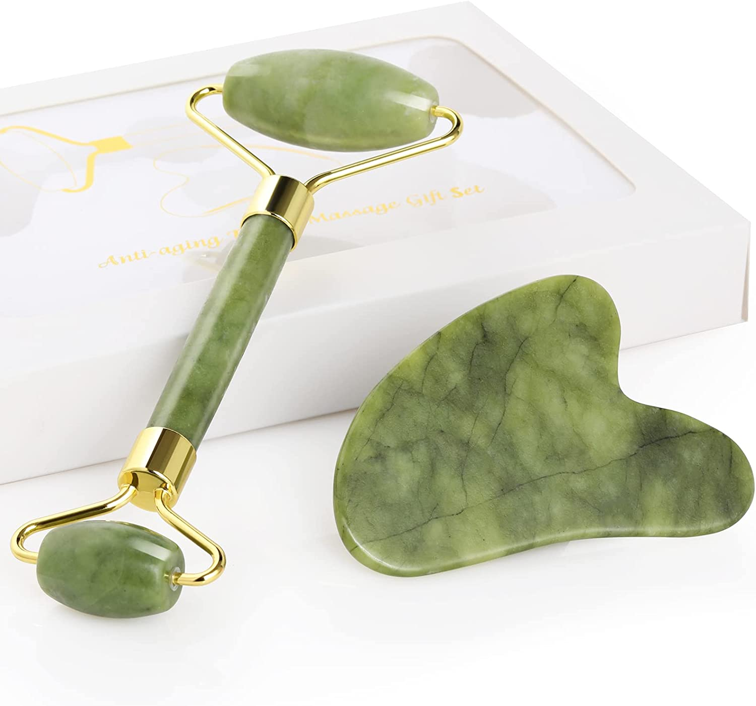 Geeric Jade Roller and Gua Sha Scraping Massage Tool Anti-Aging Quartz Natural Facial Jade Stone Set - Face Eye Neck Beauty Roller for Slimming&Firming - Rejuvenate Skin & Remove Wrinkles Green