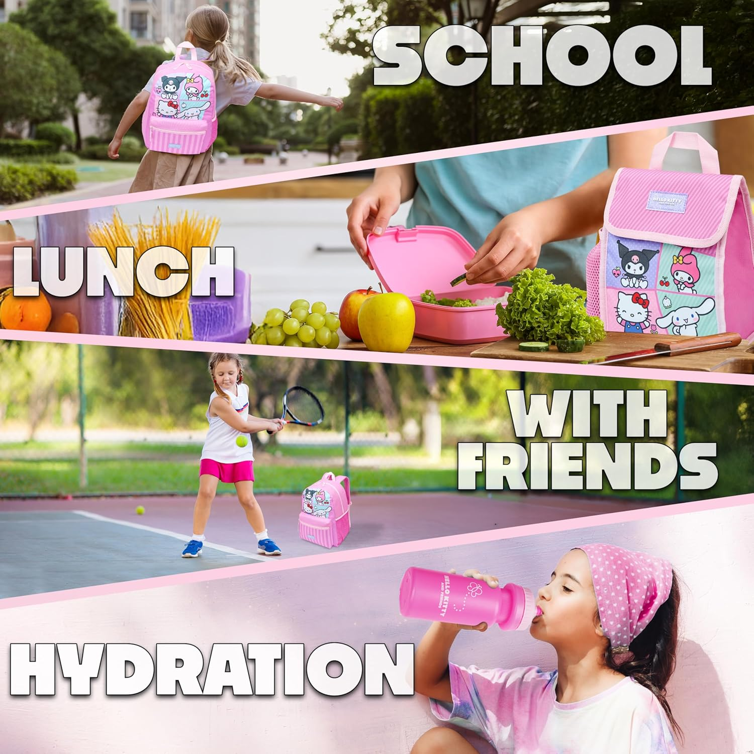 Hello Kitty Sanrio Backpack Set 4 Pcs Girls Water Bottle Pencil Case Insulated Lunch Bag Cinnamoroll Kuromi My Melody Teens Kawaii School Supplies image number 1