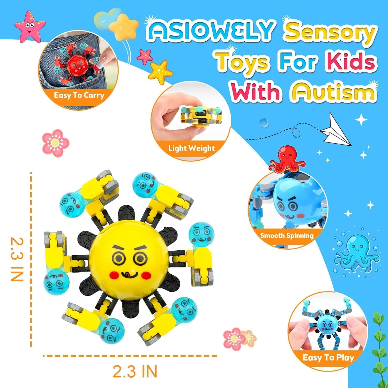 ASIOWELY Transformable Fidget Spinner Toys for Kids and Adults,3 PCS Finger Sensory Toy for Teens with Autism ADHD Anxiety Relief,Birthdays Gifts Party Favors for Boys Girl Travel Stocking Stuffers image number 5