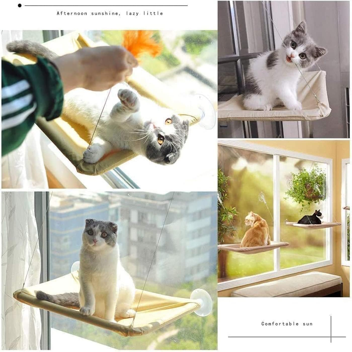 Cat Window Pole, Cat Hammock for Pet Sunbathing Window Hammock Suction Cup Hammock Can Hold 50 Lbs (Khaki, M) image number 5