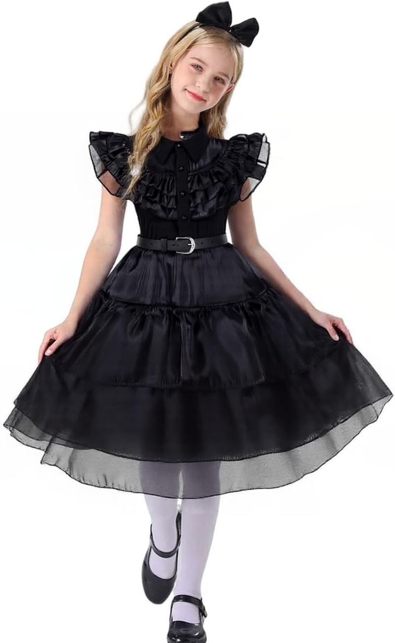 Black Addams Costume for Girl Family Dress up Halloween Outfits Costumes Cosplay Party Dress with Wig,Necklace image number 3