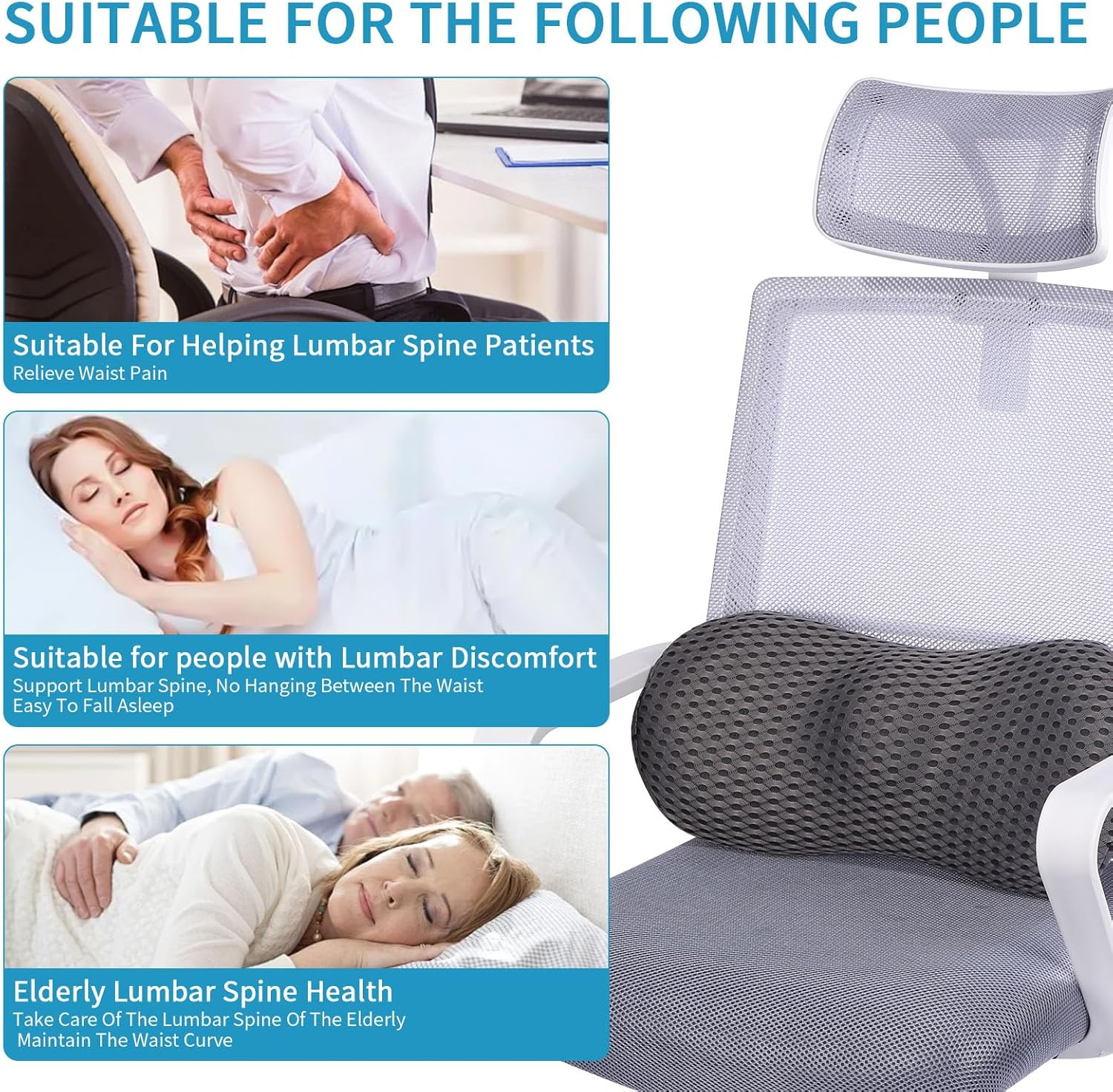 Fiabgum Lumbar Support Pillow - Back Pillow for Low Back Pain Relief,Ergonomic Streamline Car Seat,Breathable & Detachable & Washable,Office Chair, Recliner and Bed (Gray)