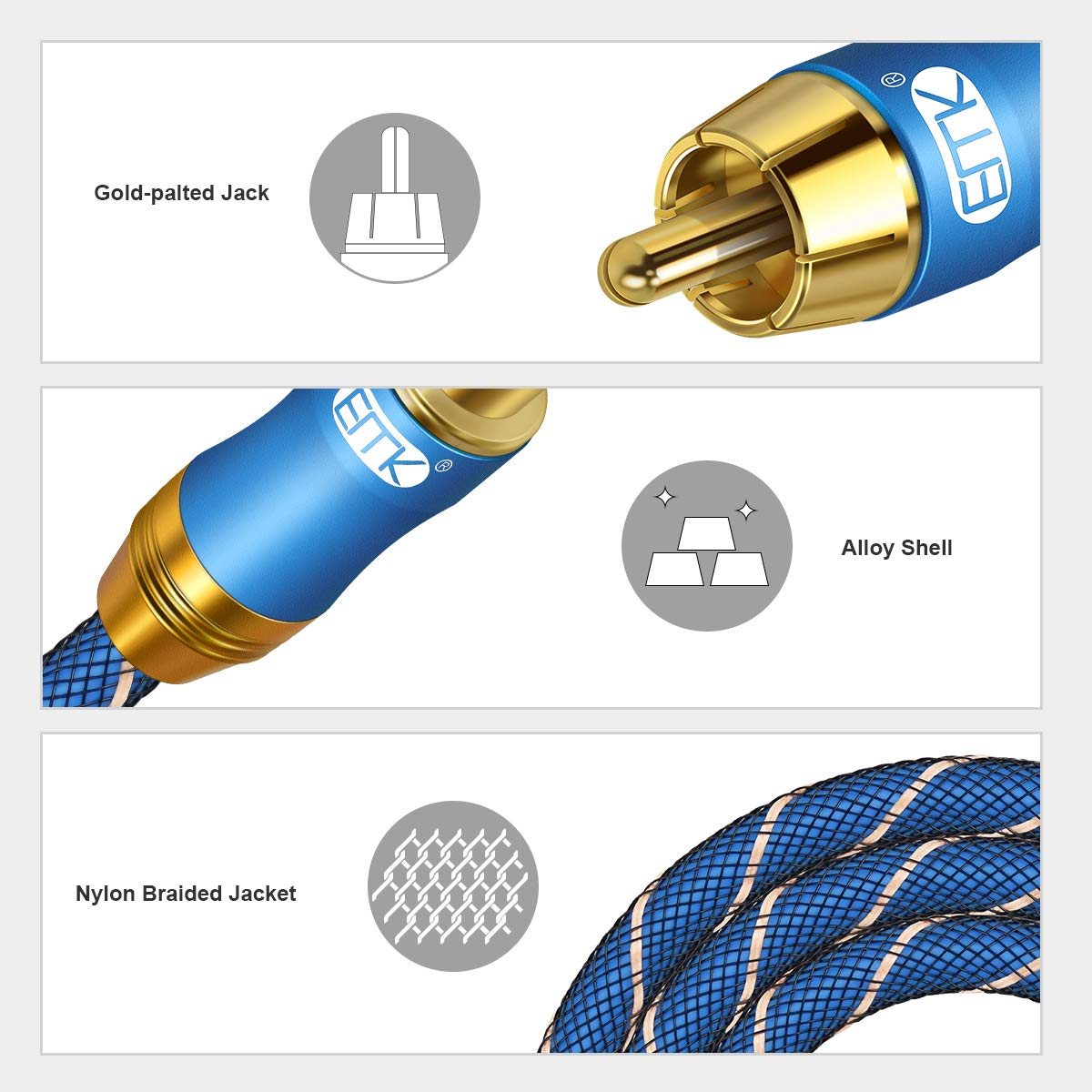 EMK RCA Extension Cable, Coaxial Audio Cable Male to Female Gold Plated Rca/Phono Subwoofer Stereo Cables for Hi-Fi Home Theater, TV, Amplifier, Speaker (3Ft/1M, Blue) image number 5