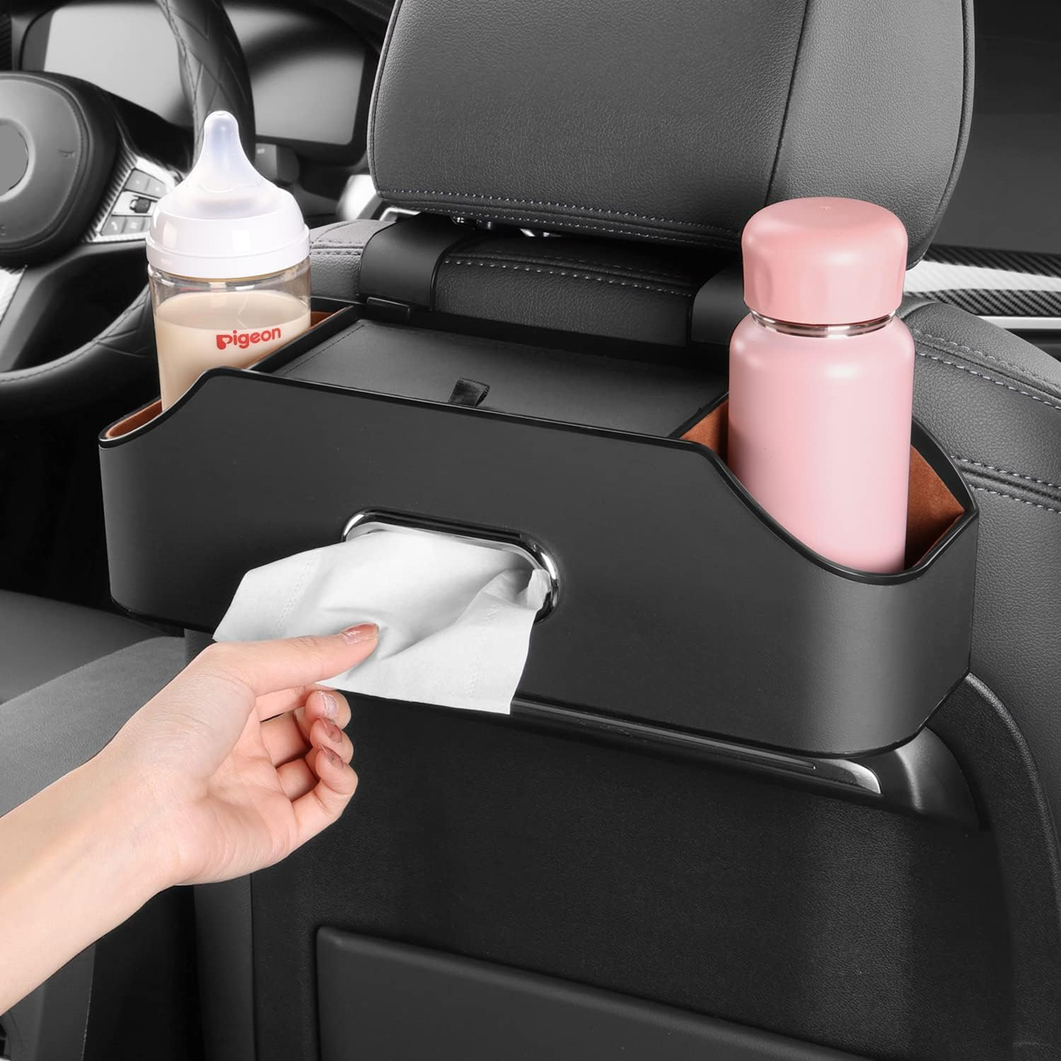 HOLDCY Car Back Seat Organizer with 2 Drink Cup Holder - Tissue Box and Storage Box Hook - Multi-Functional Storage - Great for Kids and Travel (Black)