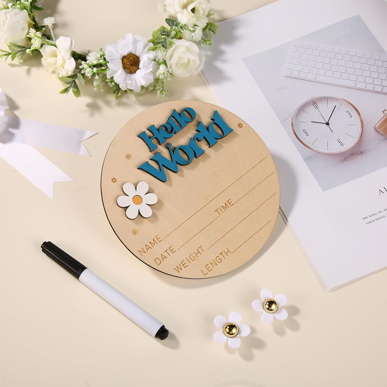 Baby Announcement Sign, 5.9 Inch Wooden Hello World Sign Gender Reveal Birth Announcement Board Newborn Welcome Sign Baby Name Plaques Gifts for Photo Prop Nursery Hospital Girl Boy(Blue) image number 2