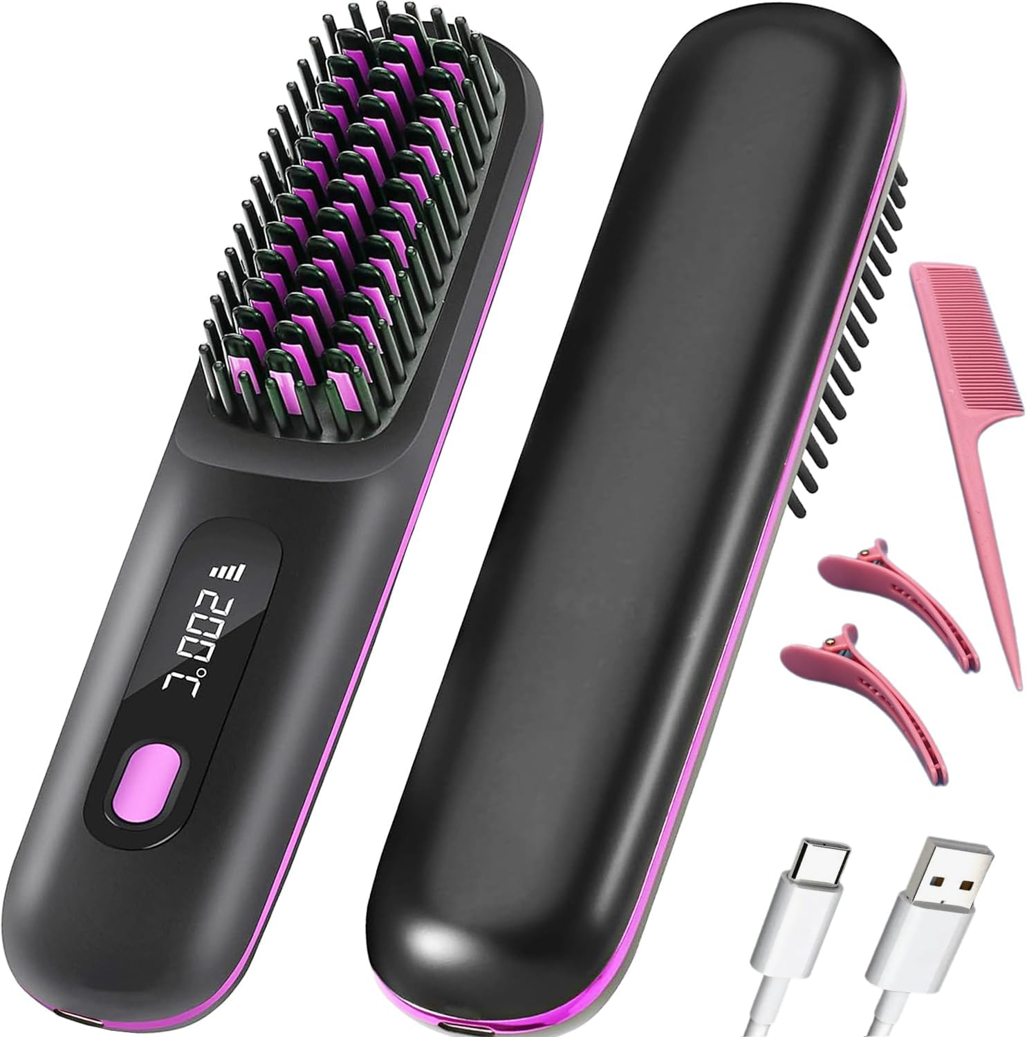 Cordless Hair Straightening Brush with LCD Display 160-200&deg;C Constant Temperature 20S Fast Heaning Type-C Interface Long Lasting Endurance Light Portable Gifts for Woman Travel (Purple)