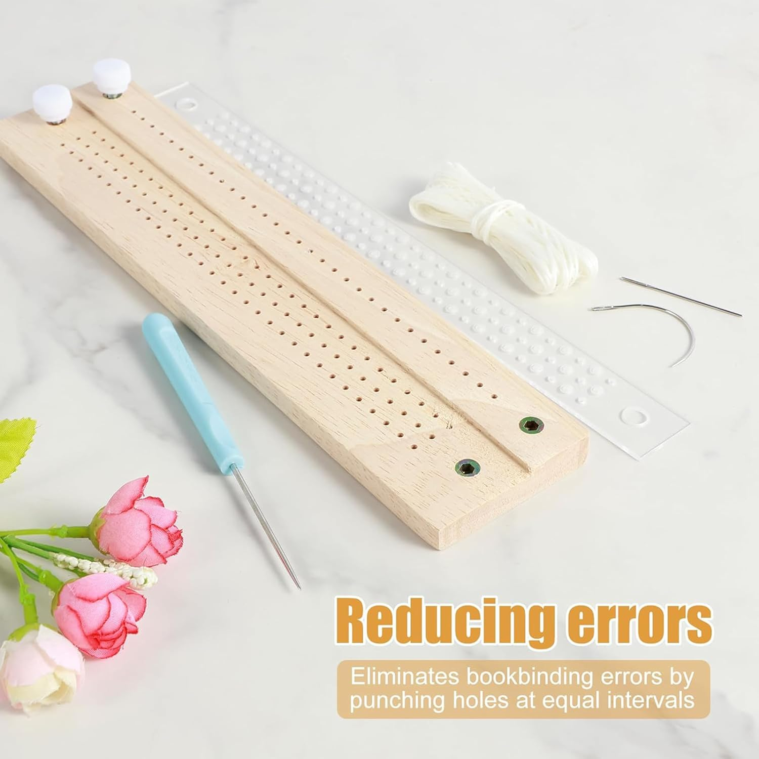 Bookbinding Tools Set,Wooden Signature Punching Tools,Bookbinding Punch Guide Set,With Straight Curved Needle, Waxed Thread, Awl, Bookbinding Cradle Tools for Starter Scrapbooking Kits DIY Crafts image number 2