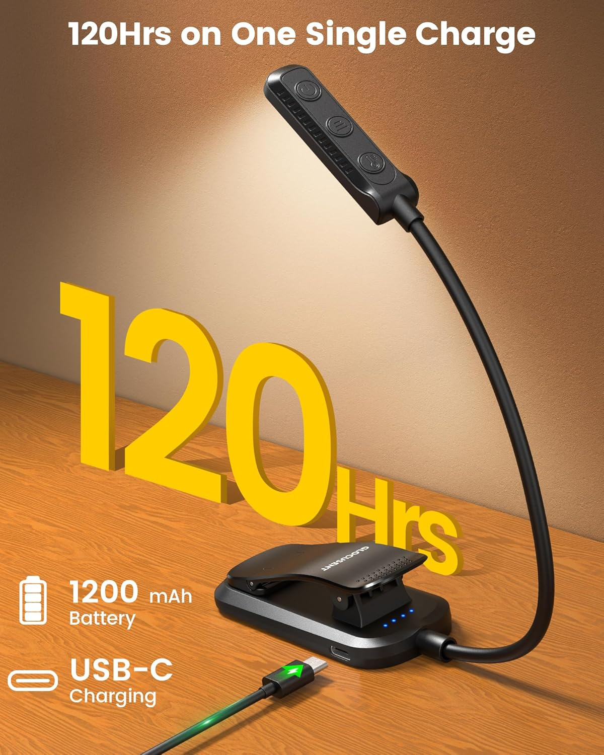 Glocusent 13 Leds Book Lights for Reading at Night, 120 Hrs Runtime Rechargeable Reading Light, Eye Caring 3 Colors & 5 Stepless Dimming Brightness 3&ndash;60LM, Flexible Clip on Light for Book Lovers Kids