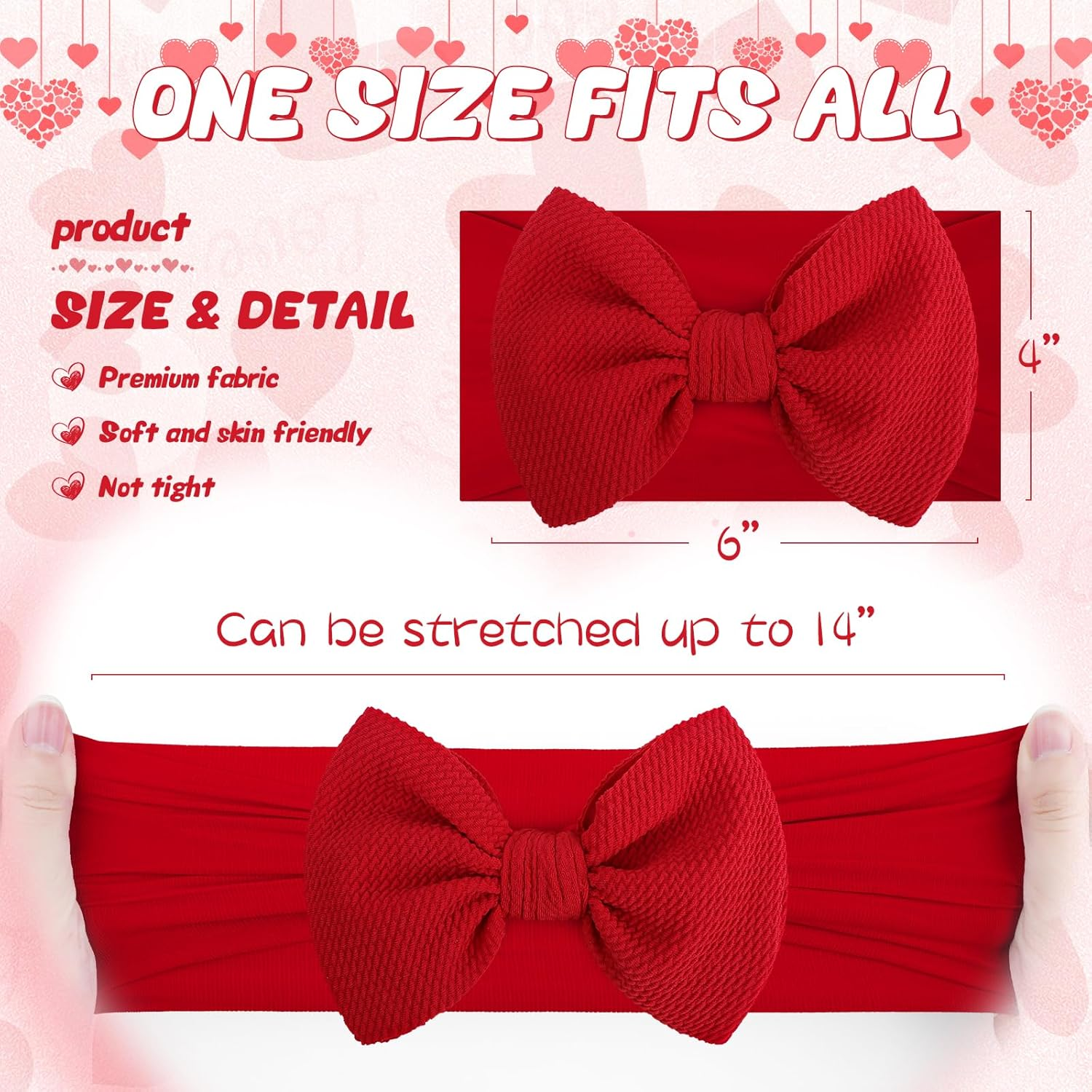6'' Large Baby Bow Headbands for Girls Waffle Tied Bow Hairbands Handmade Ctue Red Love Heart Head Wraps Hair Accessories for Girls Infant Toddlers Kids 2Pcs