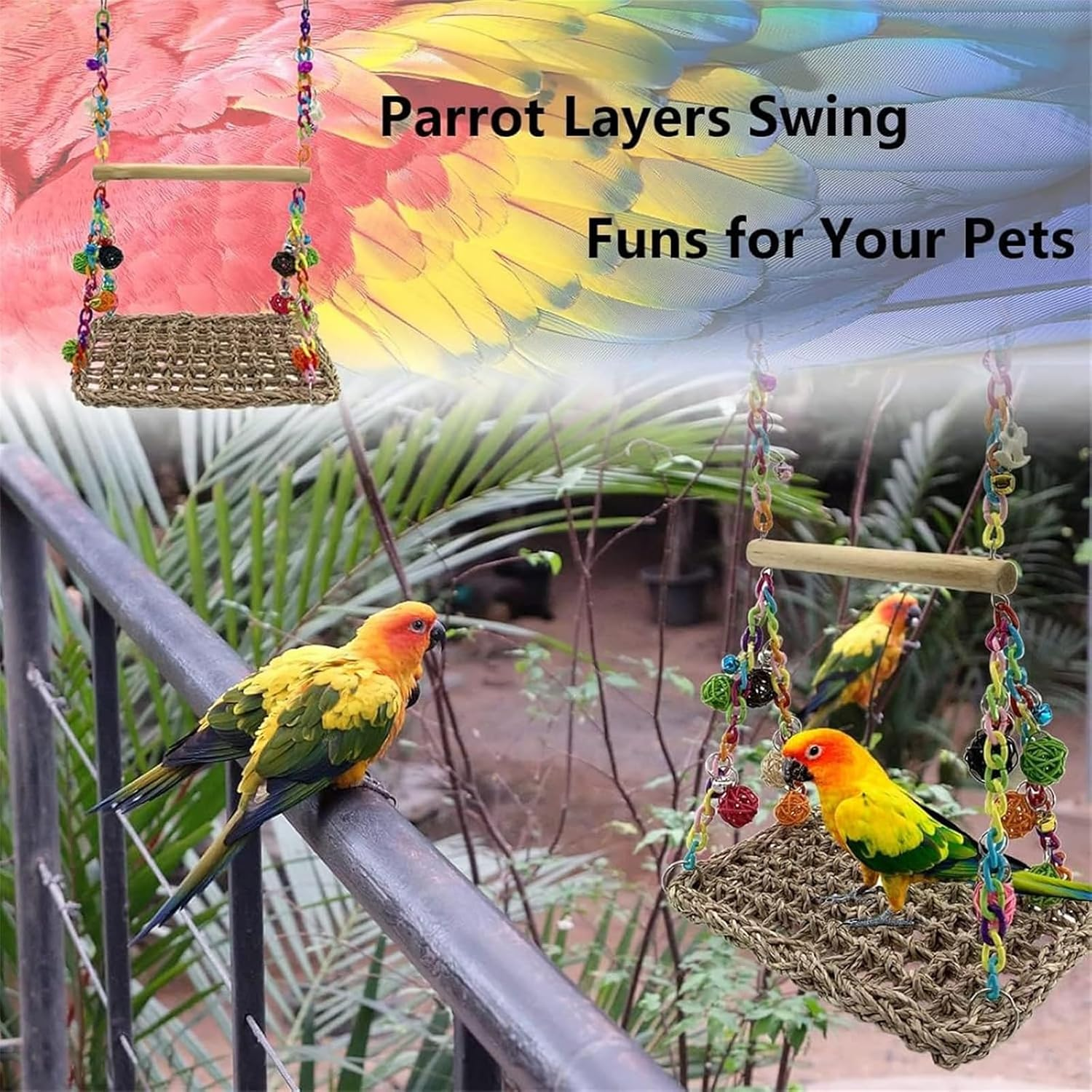 AIMALL Bird Toy Parrot Hammock Swing with Rattan Ball and Color Chain, Double Layer Water Grass Swing, 11.81X7.87 Inches image number 4