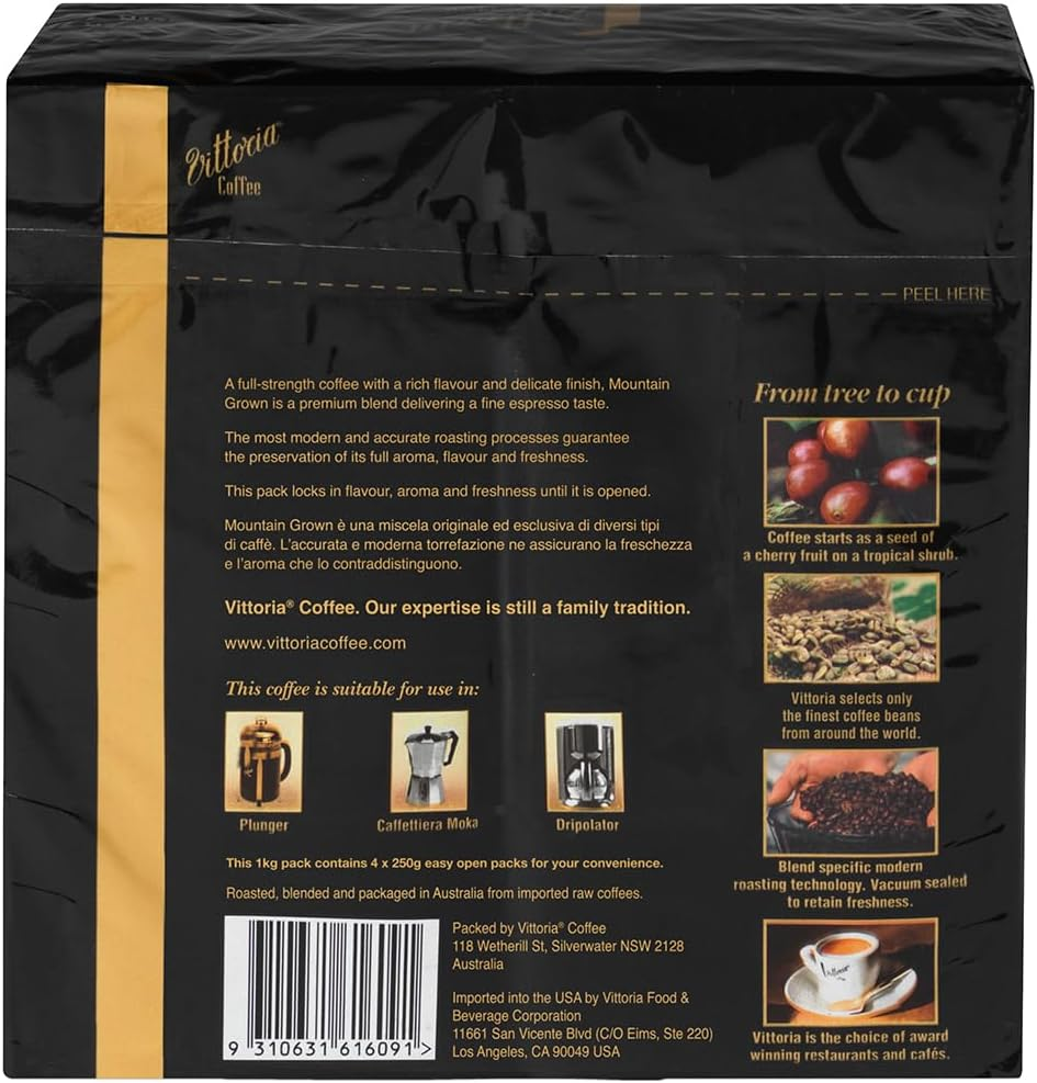 Vittoria Coffee Premium Mountain Grown Ground Coffee - 1Kg (4 X 250G). High Altitude Dark Roasted Coffee Beans, Perfect with Home Filter Machines, Pour Over, Chemex, Plungers. (Packaging May Vary) image number 3