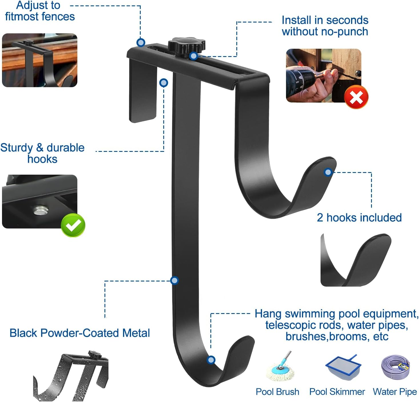 2Pcs Double Pool Pole Hooks, Adjustable Pool Pole Hanger, Metal Equipment Hooks for Hanging Pool Tool, Swimming Pool Accessories for Pool Fence,Wall Pool Tool Holder (Black) image number 3