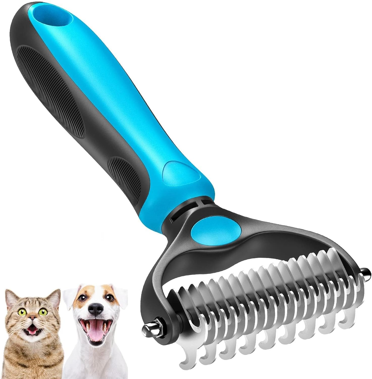 Pet Grooming Brush - Double Sided Shedding, Dematting Undercoat Rake for Dogs, Cats - Extra Wide Dog Grooming Brush, Dog Brush for Shedding, Cat Brush, Reduce Shedding by 95%, Blue image number 6