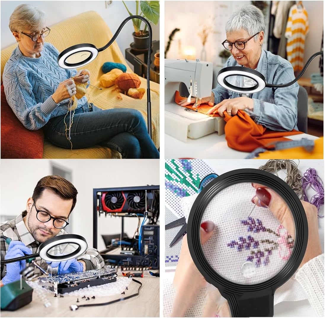 10X Magnifying Glass with 72 LED Lights, Adjustable Color Temperature & Dimmable Lighted Magnifier, Flexible Gooseneck Floor Lamp for Reading, Crafts, Close Work. image number 1