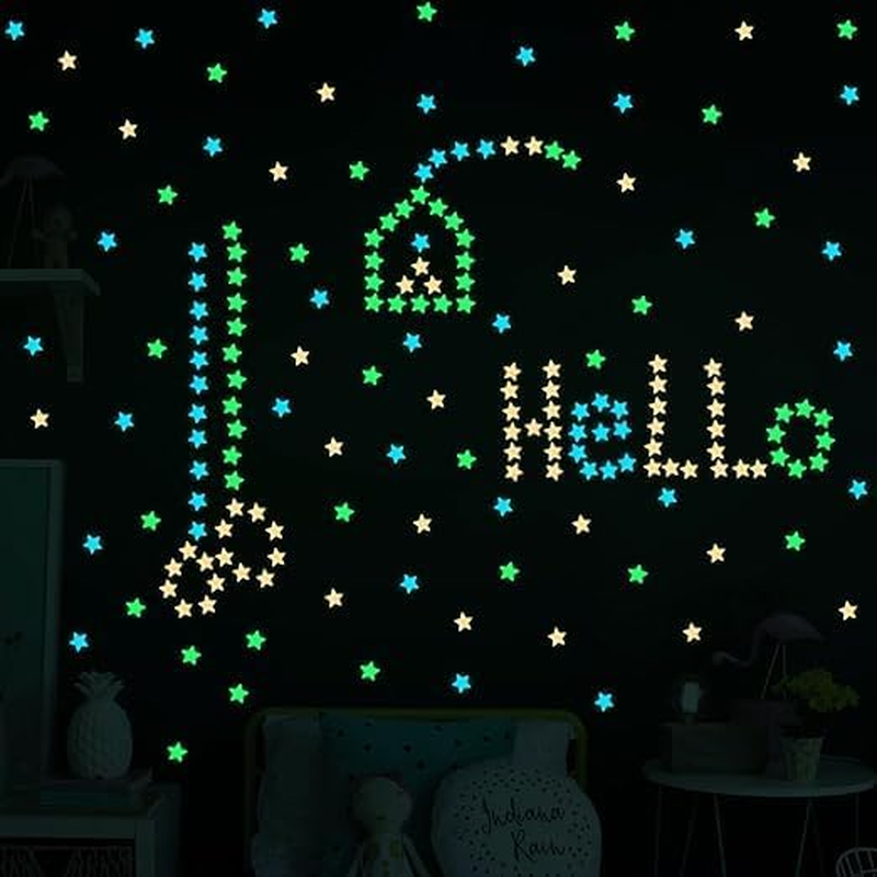 100 Pcs Colorful Glow in the Dark Luminous Stars Fluorescent Noctilucent Plastic Wall Stickers Murals Decals for Home Art Decor Ceiling Wall Decorate Kids Babys Bedroom Room Decorations image number 1