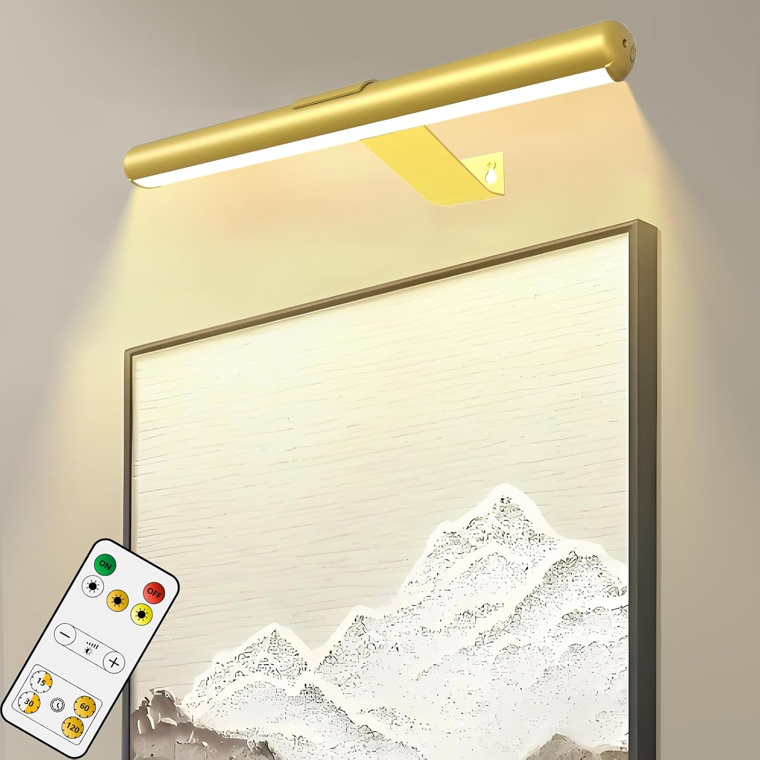 16-Inch Picture Lights,Rechargeable Wall Light with Remote, Wireless Dimmable Art Display Lamp with Timer Painting Frame Light for Wall Pictures, Frames, Gallery, Dartboard (Gold)