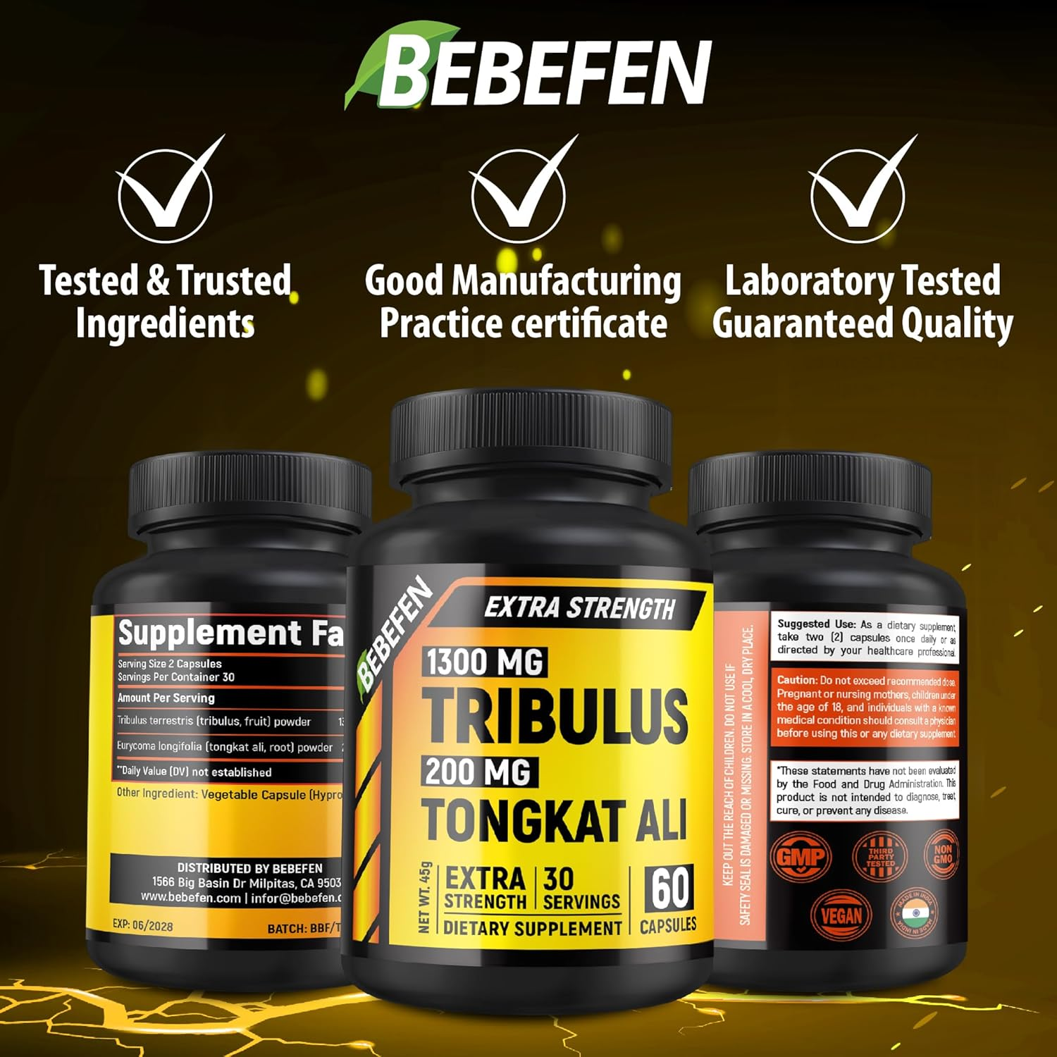 Tribulus Terrestris and Tongkat Ali Capsules - Tribulus Enhanced with Tongkat Ali Extract Supplement for Men - Zero Fillers - Non-Gmo (60 Capsules) image number 2